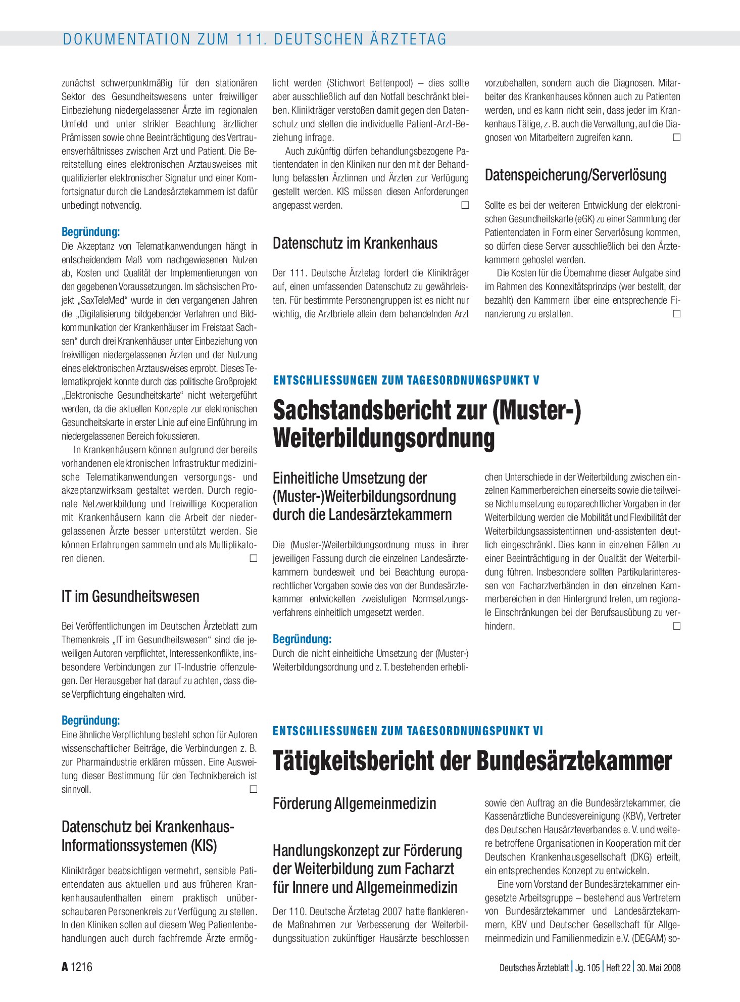 Vorschauseite 1: Entschliessungen zum Tagesordnungspunkt VI: Tätigkeitsbericht der Bundesärztekammer – Deutsches Ärzteblatt