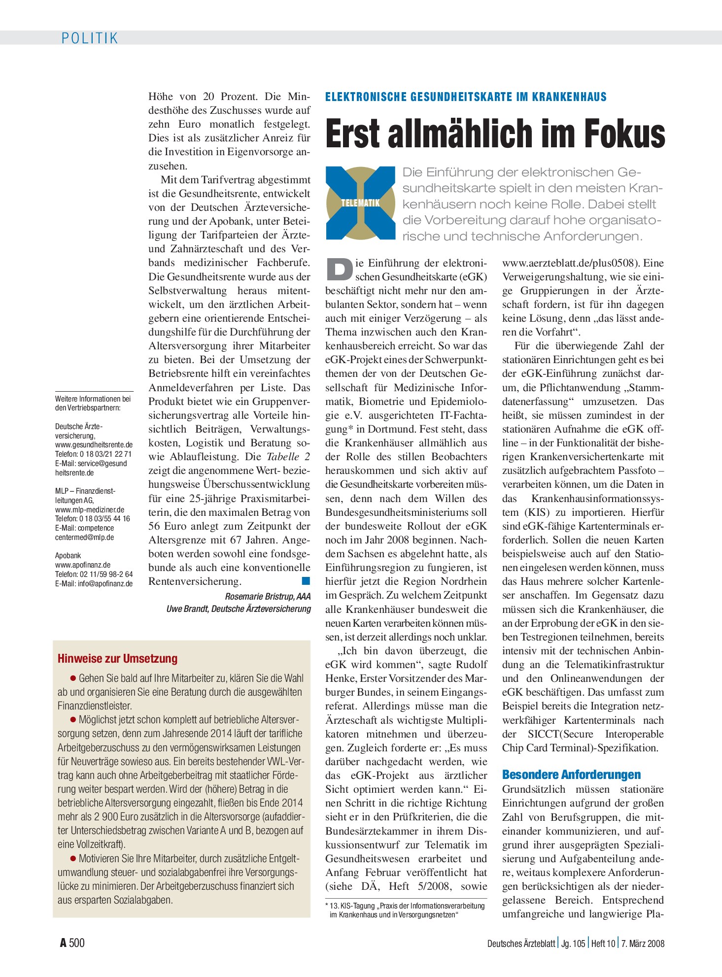 Vorschauseite 1: Elektronische Gesundheitskarte im Krankenhaus: Erst allmählich im Fokus – Deutsches Ärzteblatt
