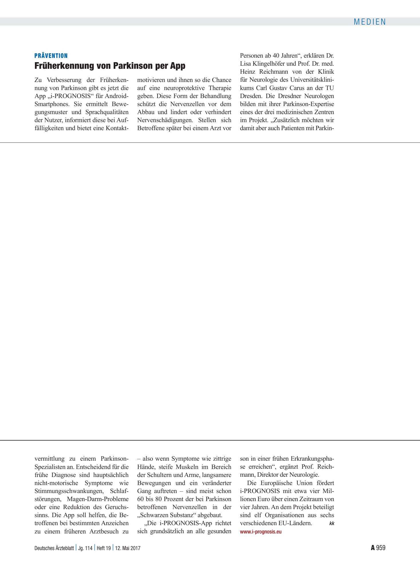 Vorschauseite 1: Prävention: Früherkennung von Parkinson per App – Deutsches Ärzteblatt