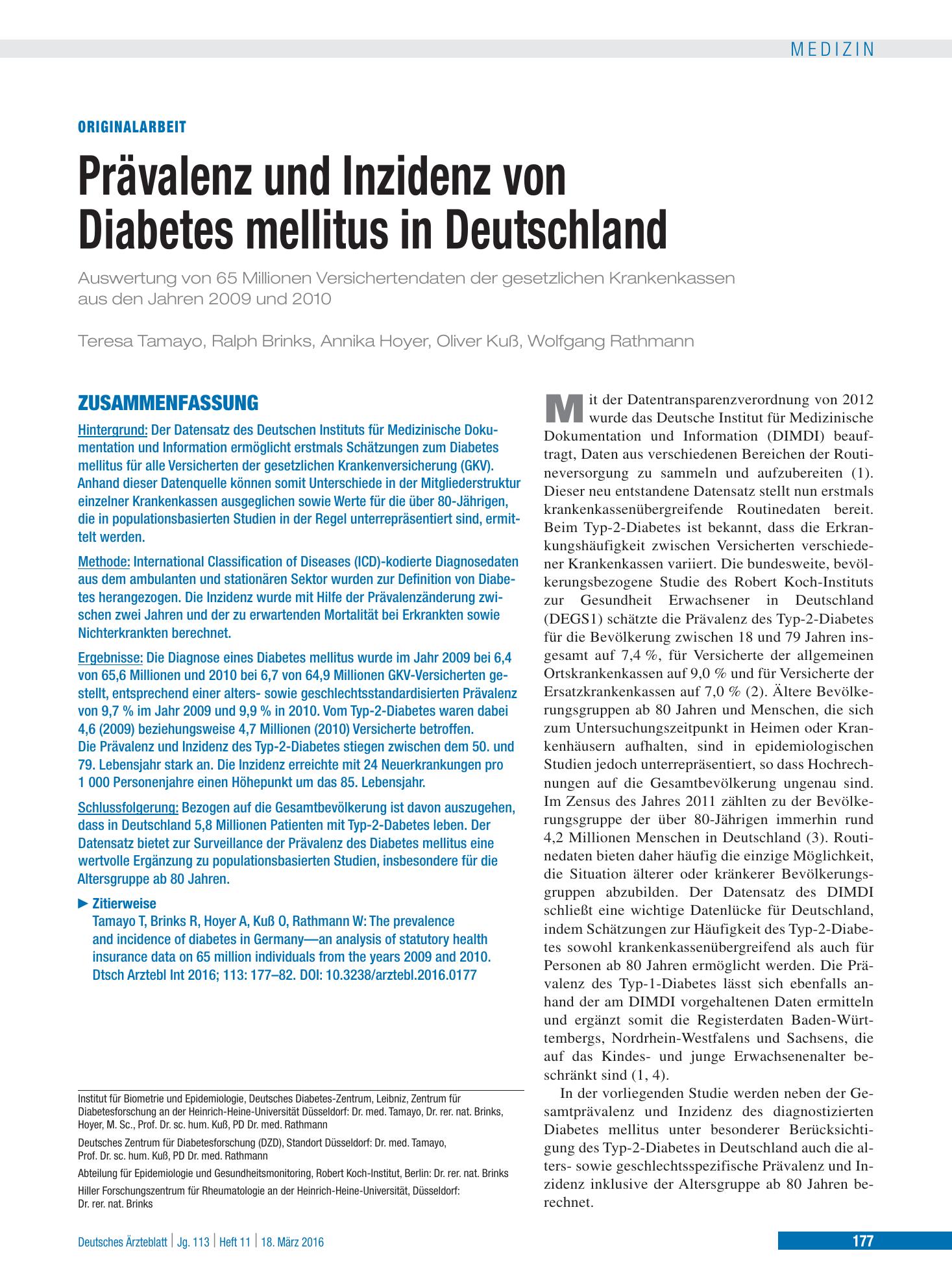 Vorschauseite 1: Prävalenz und Inzidenz von Diabetes mellitus in Deutschland – Deutsches Ärzteblatt
