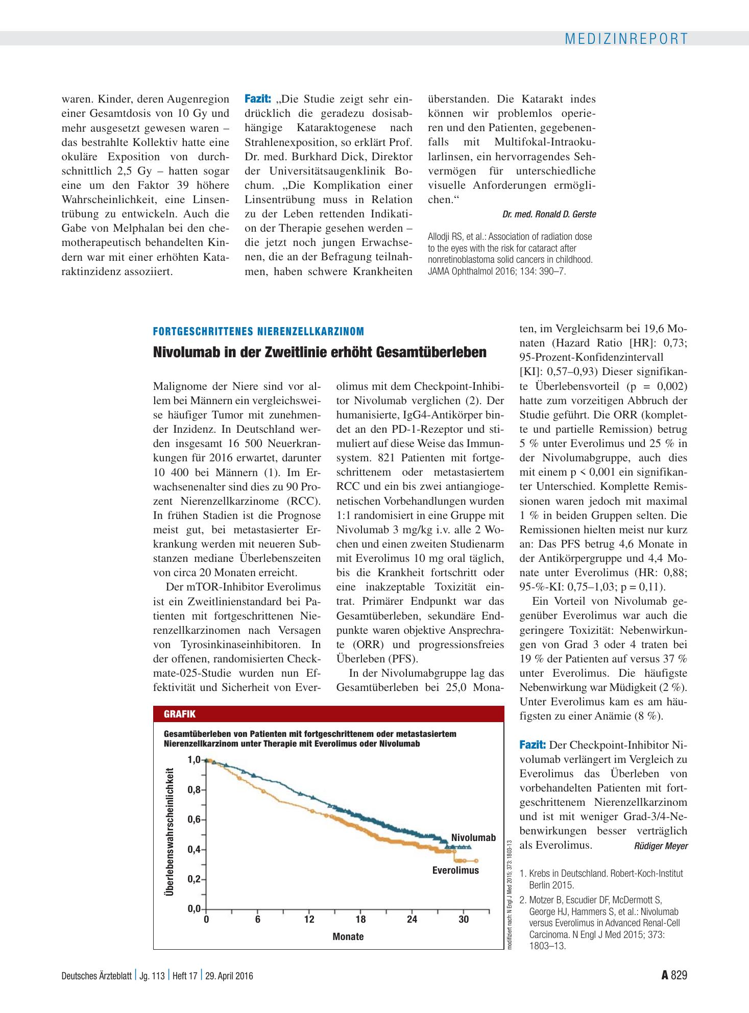 Vorschauseite 1: Fortgeschrittenes Nierenzellkarzinom: Nivolumab in der Zweitlinie erhöht Gesamtüberleben – Deutsches Ärzteblatt