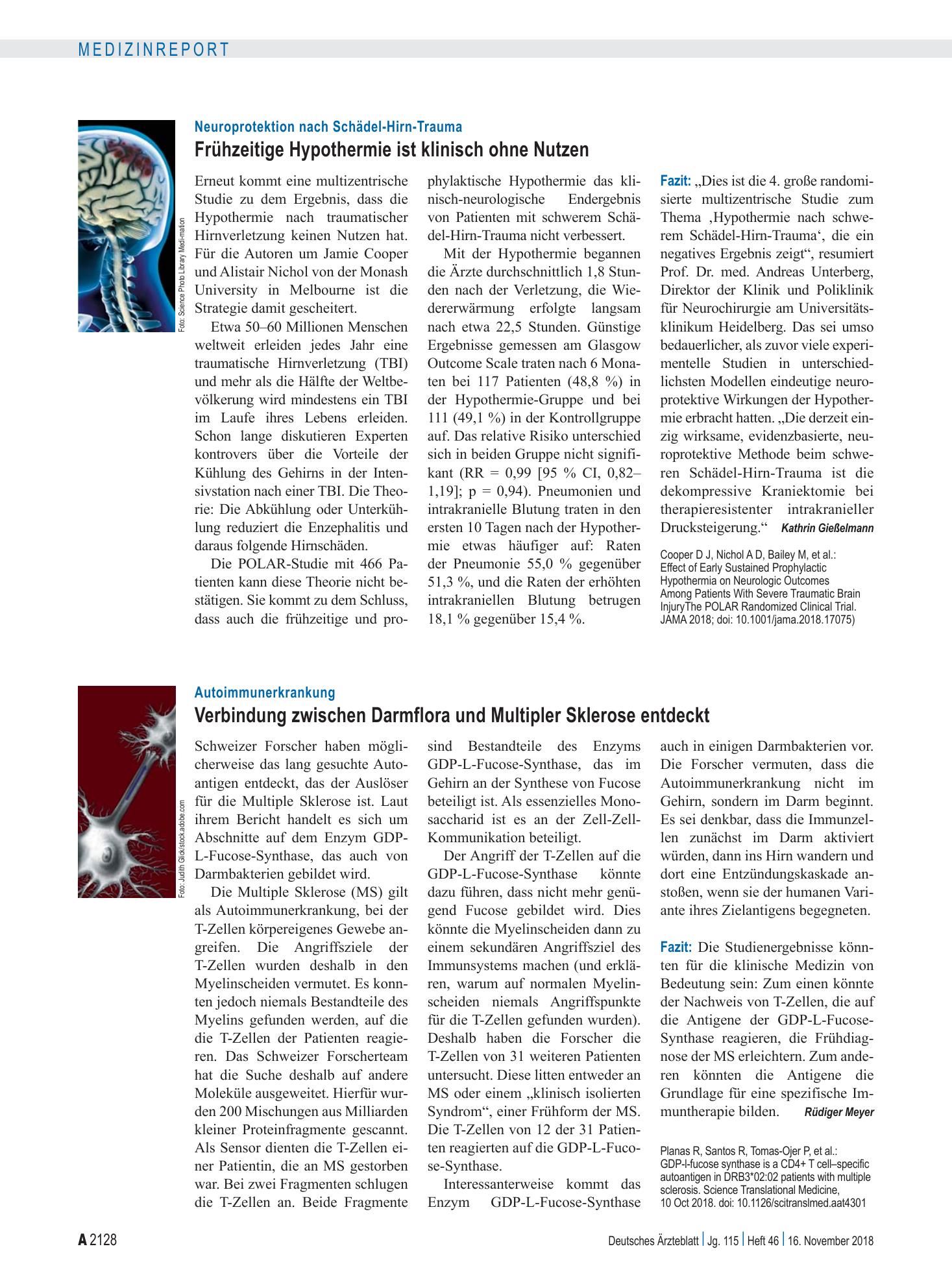 Vorschauseite 1: Neuroprotektion nach Schädel-Hirn-Trauma: Frühzeitige Hypothermie ist klinisch ohne Nutzen – Deutsches Ärzteblatt