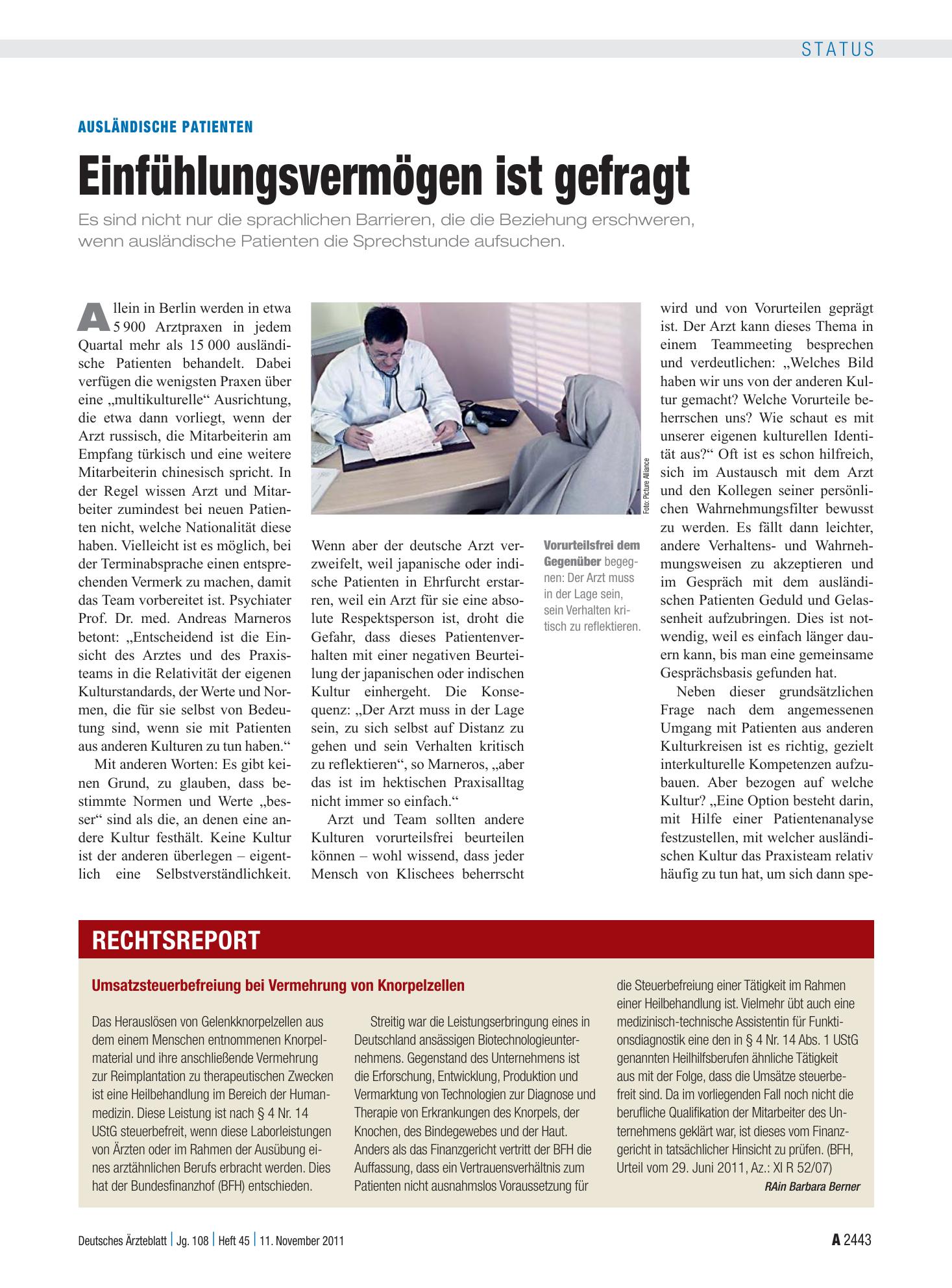 Vorschauseite 1: Ausländische Patienten: Einfühlungsvermögen ist gefragt – Deutsches Ärzteblatt