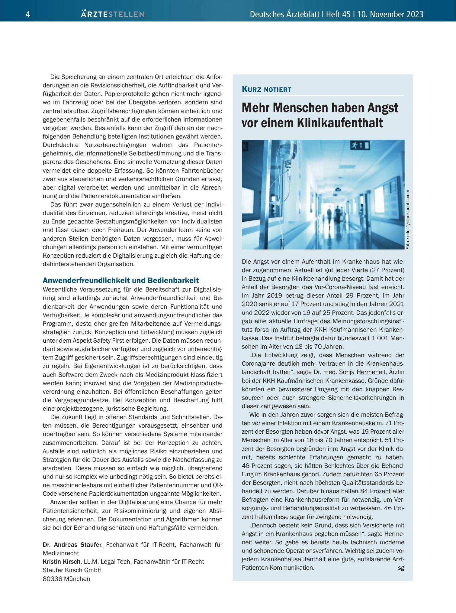 Vorschauseite 1: Mehr Menschen haben Angst vor einem Klinikaufenthalt – Deutsches Ärzteblatt
