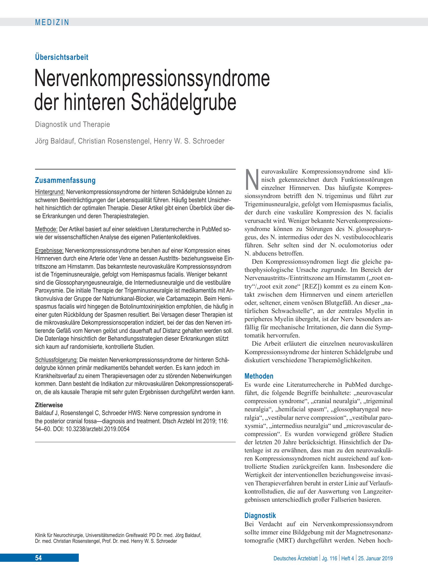 Vorschauseite 1: Nervenkompressionssyndrome der hinteren Schädelgrube – Deutsches Ärzteblatt