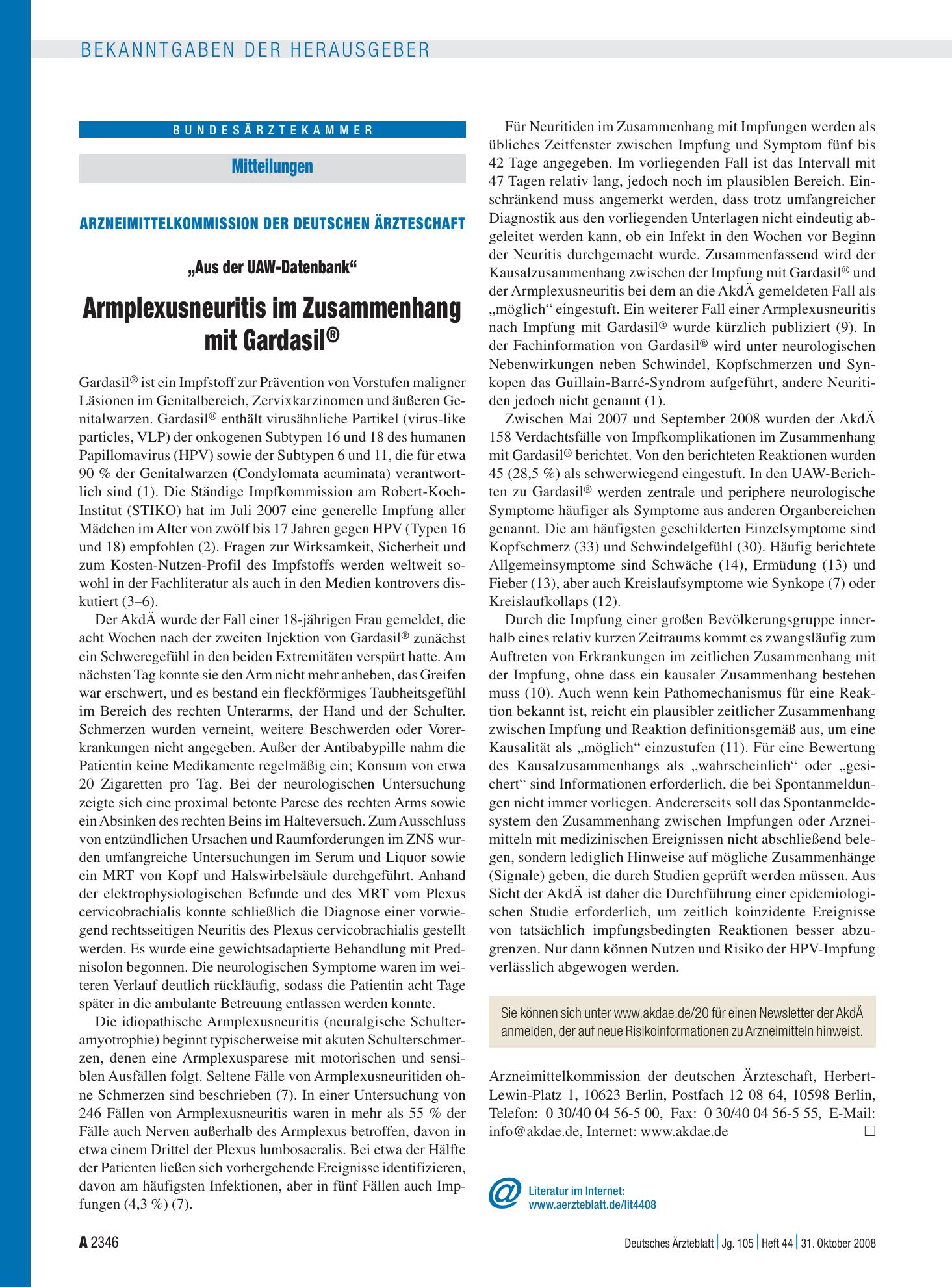 Vorschauseite 1: Arzneimittelkommission der deutschen Ärzteschaft: „Aus der UAW-Datenbank“ – Armplexusneuritis im Zusammenhang mit Gardasil® – Deutsches Ärzteblatt