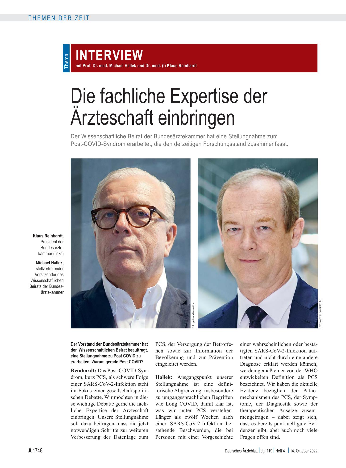Vorschauseite 1: Interview mit Prof. Dr. med. Michael Hallek und Dr. med. (I) Klaus Reinhardt: Die fachliche Expertise der Ärzteschaft einbringen – Deutsches Ärzteblatt