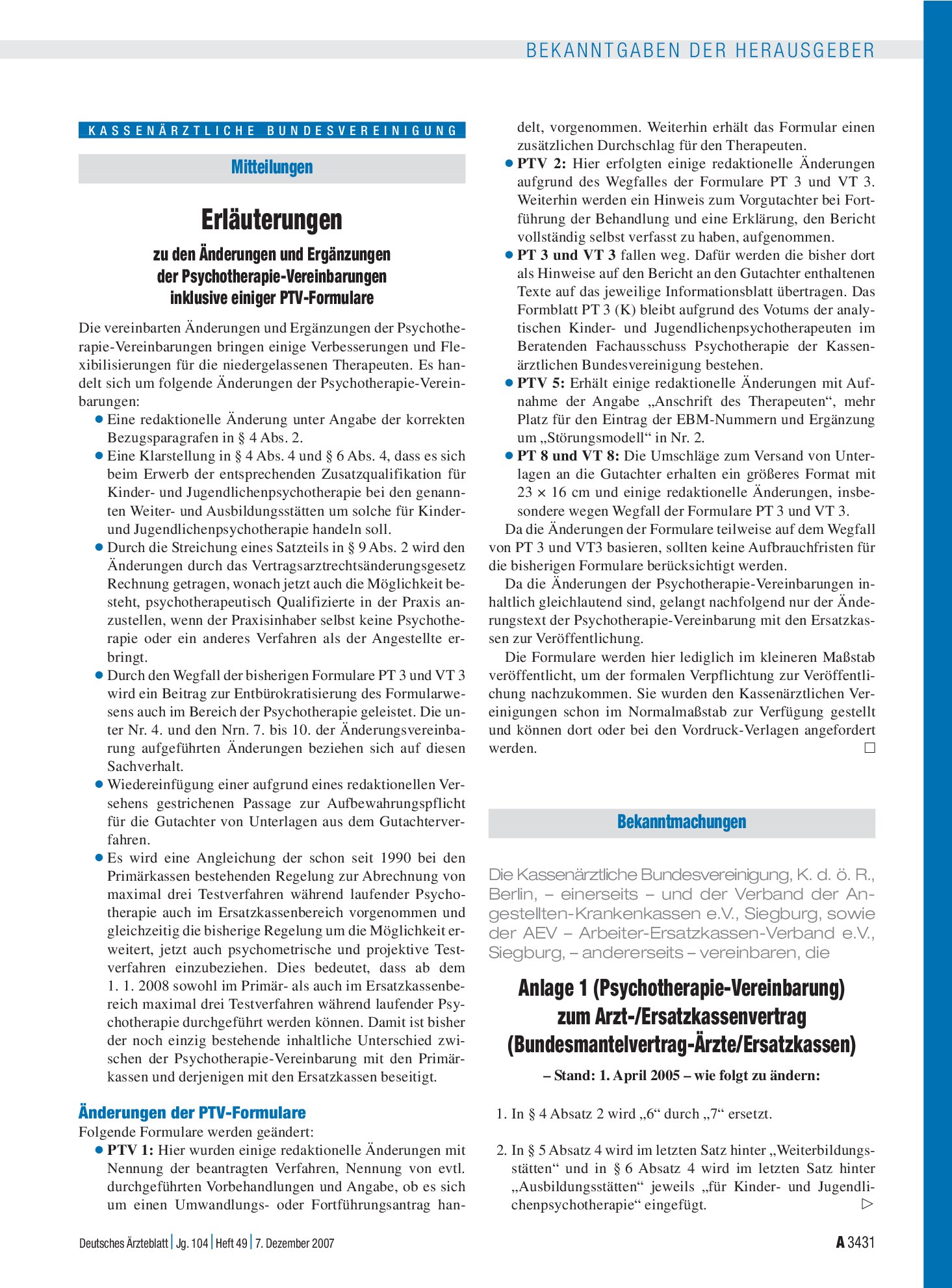 Vorschauseite 1: Mitteilungen: Erläuterungen zu den Änderungen und Ergänzungen der Psychotherapie-Vereinbarungen inklusive einiger PTV-Formulare – Deutsches Ärzteblatt