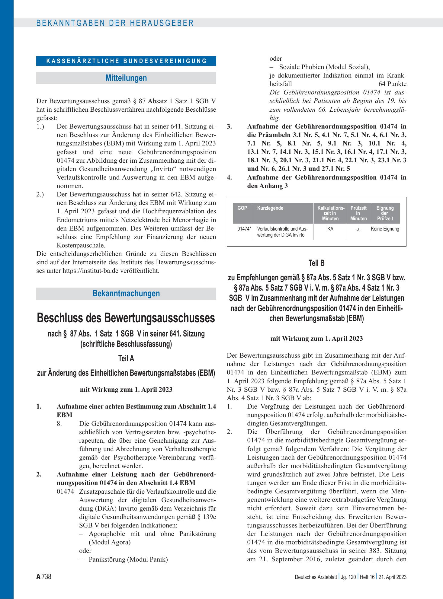 Vorschauseite 1: Beschluss des Bewertungsausschusses nach § 87 Abs. 1 Satz 1 SGB V in seiner 641. Sitzung (schriftliche Beschlussfassung): Teil A zur Änderung des Einheitlichen Bewertungsmaßstabes…