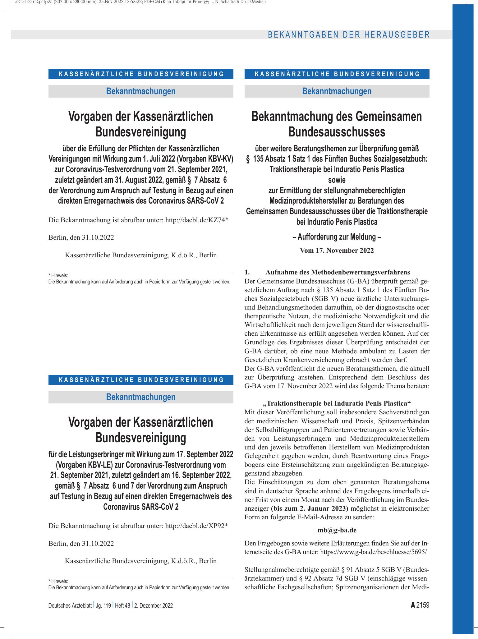 Vorschauseite 1: Bekanntmachung des Gemeinsamen Bundesausschusses über weitere Beratungsthemen zur Überprüfung gemäß § 135 Absatz 1 Satz 1 des Fünften Buches Sozialgesetzbuch: Traktionstherapie be…