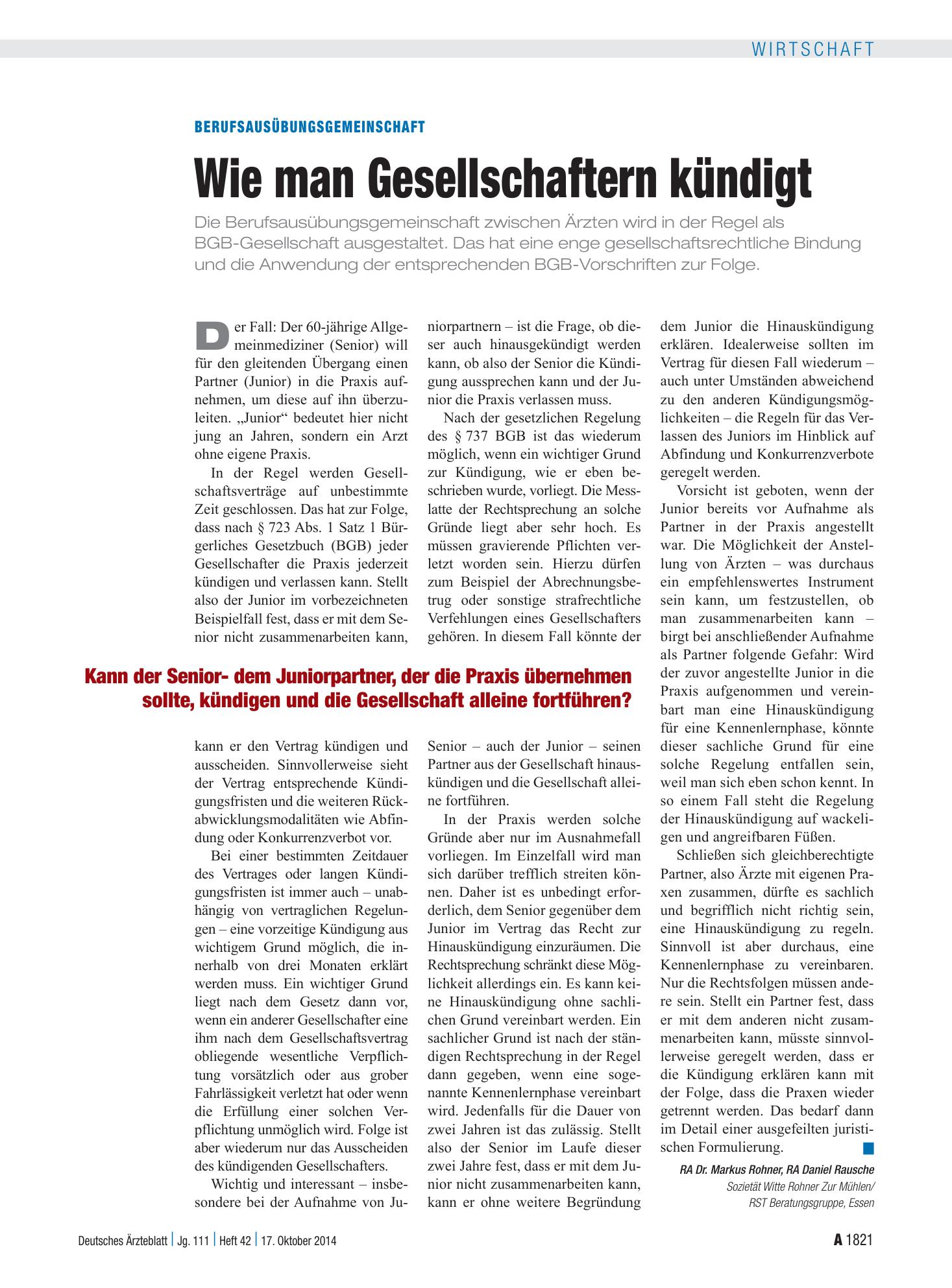 Vorschauseite 1: Berufsausübungsgemeinschaft: Wie man Gesellschaftern kündigt – Deutsches Ärzteblatt