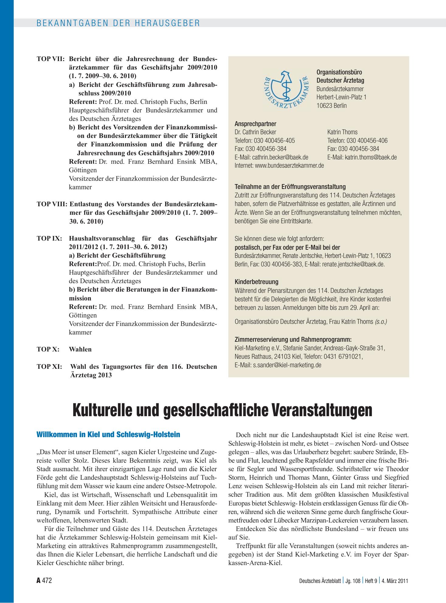 Vorschauseite 1: Kulturelle und gesellschaftliche Veranstaltungen – Deutsches Ärzteblatt