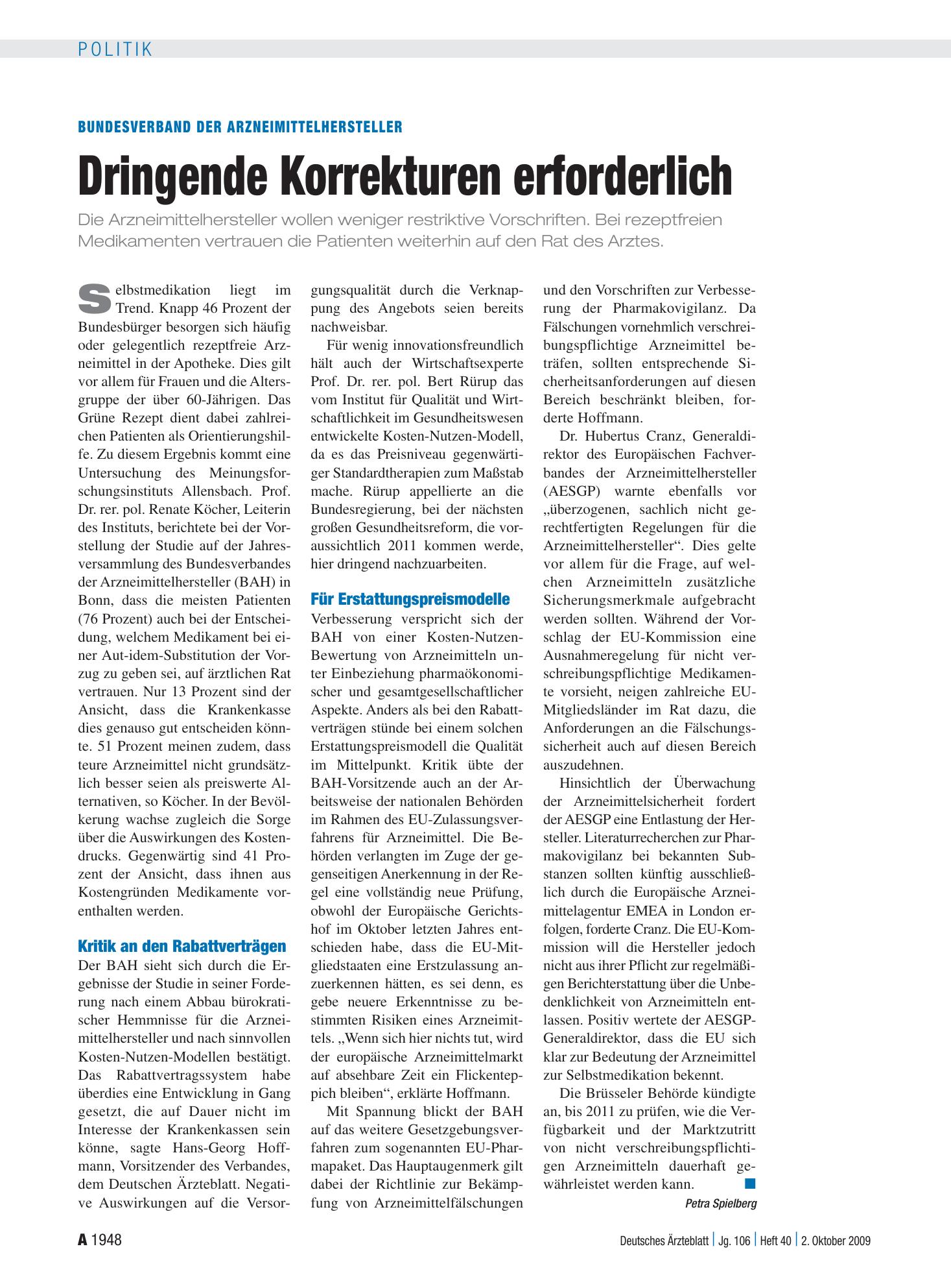 Vorschauseite 1: Bundesverband der Arzneimittelhersteller: Dringende Korrekturen erforderlich – Deutsches Ärzteblatt