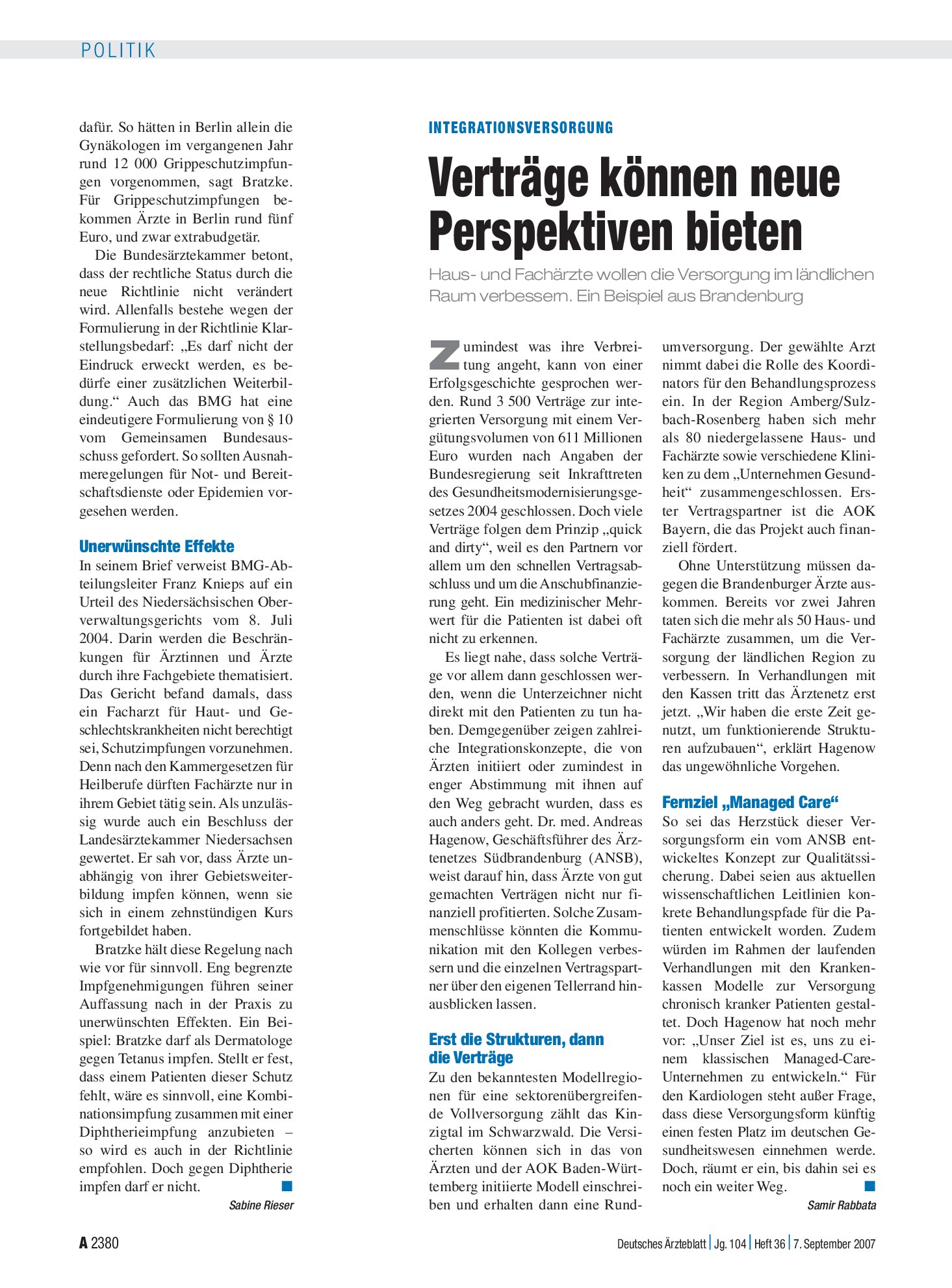 Vorschauseite 1: Integrationsversorgung: Verträge können neue Perspektiven bieten – Deutsches Ärzteblatt