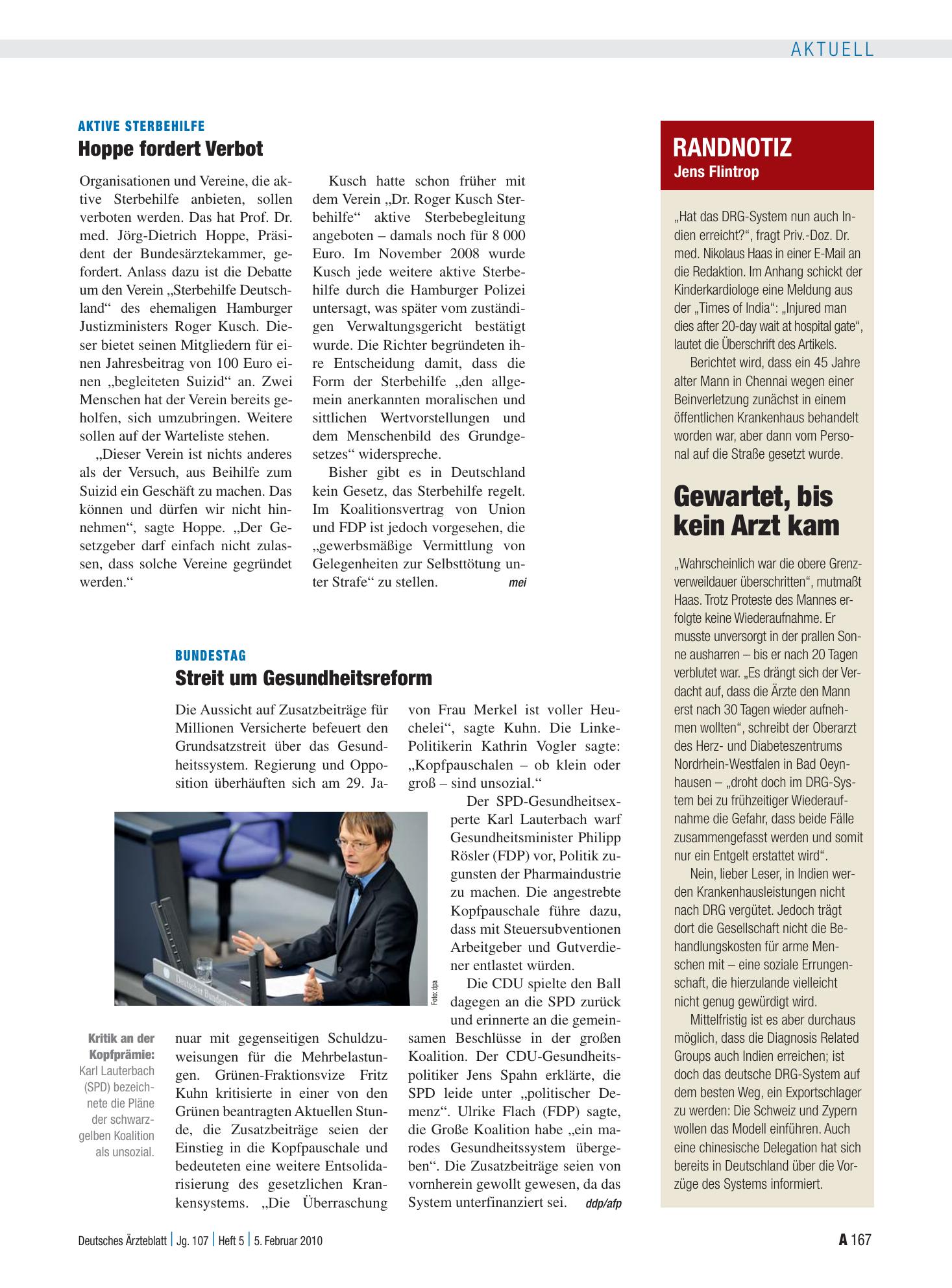 Vorschauseite 1: Aktive Sterbehilfe: Hoppe fordert Verbot – Deutsches Ärzteblatt