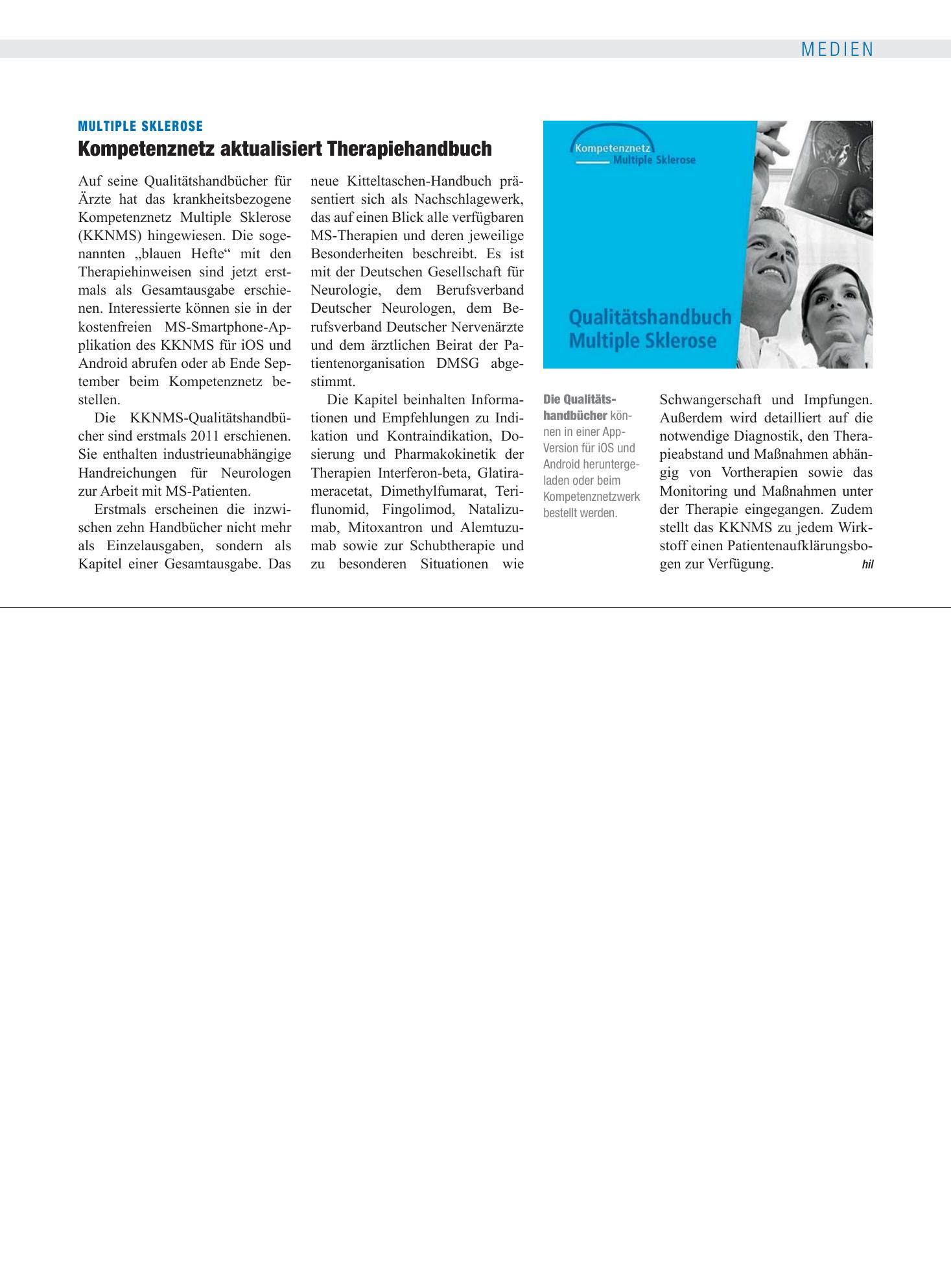Vorschauseite 1: Multiple Sklerose: Kompetenznetz aktualisiert Therapiehandbuch – Deutsches Ärzteblatt