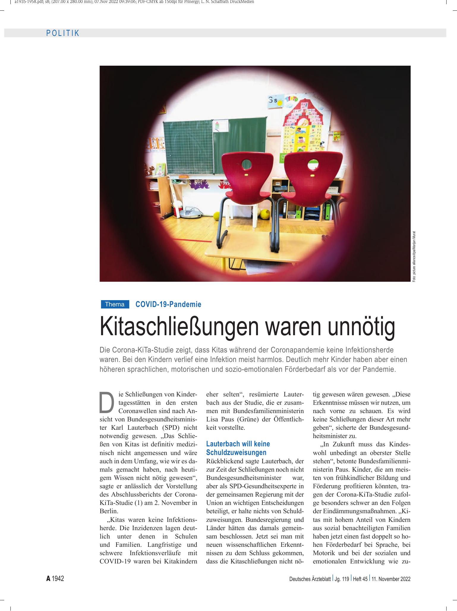 Vorschauseite 1: COVID-19-Pandemie: Kitaschließungen waren unnötig – Deutsches Ärzteblatt