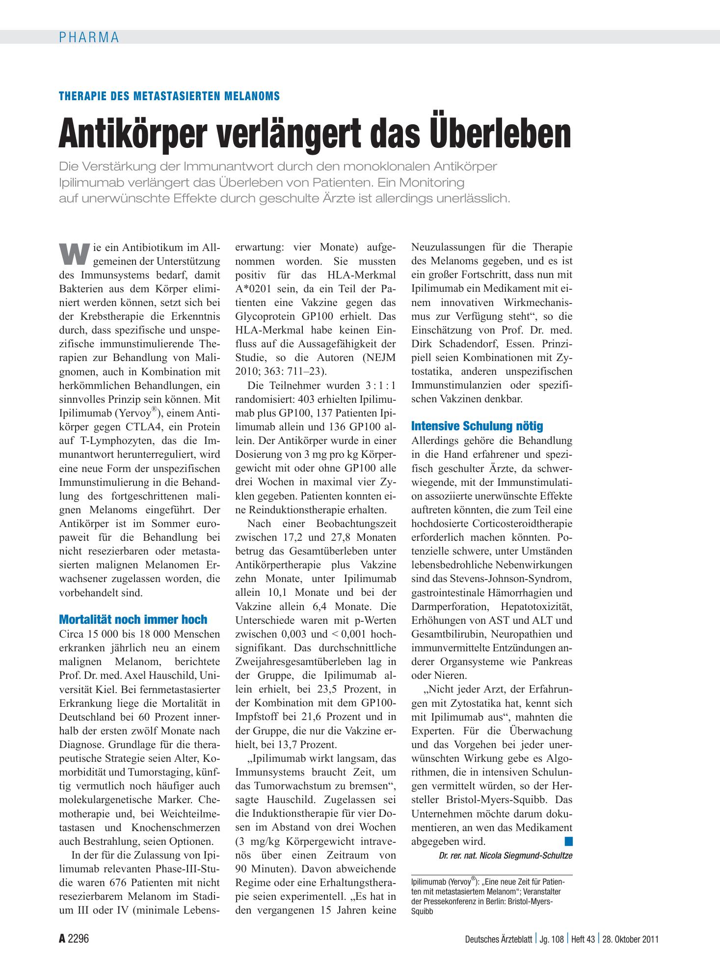 Vorschauseite 1: Therapie des metastasierten Melanoms: Antikörper verlängert das Überleben – Deutsches Ärzteblatt