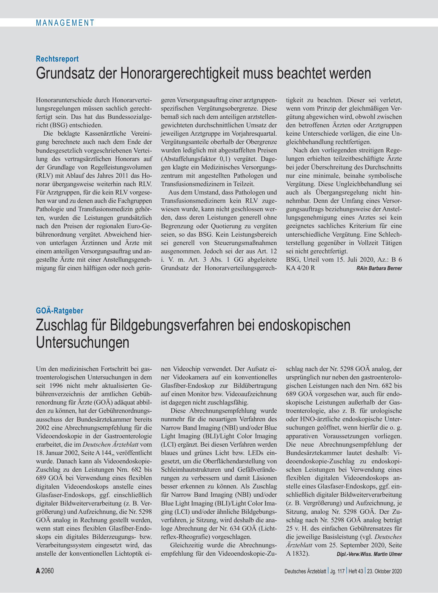 Vorschauseite 1: Rechtsreport: Grundsatz der Honorargerechtigkeit muss beachtet werden – Deutsches Ärzteblatt