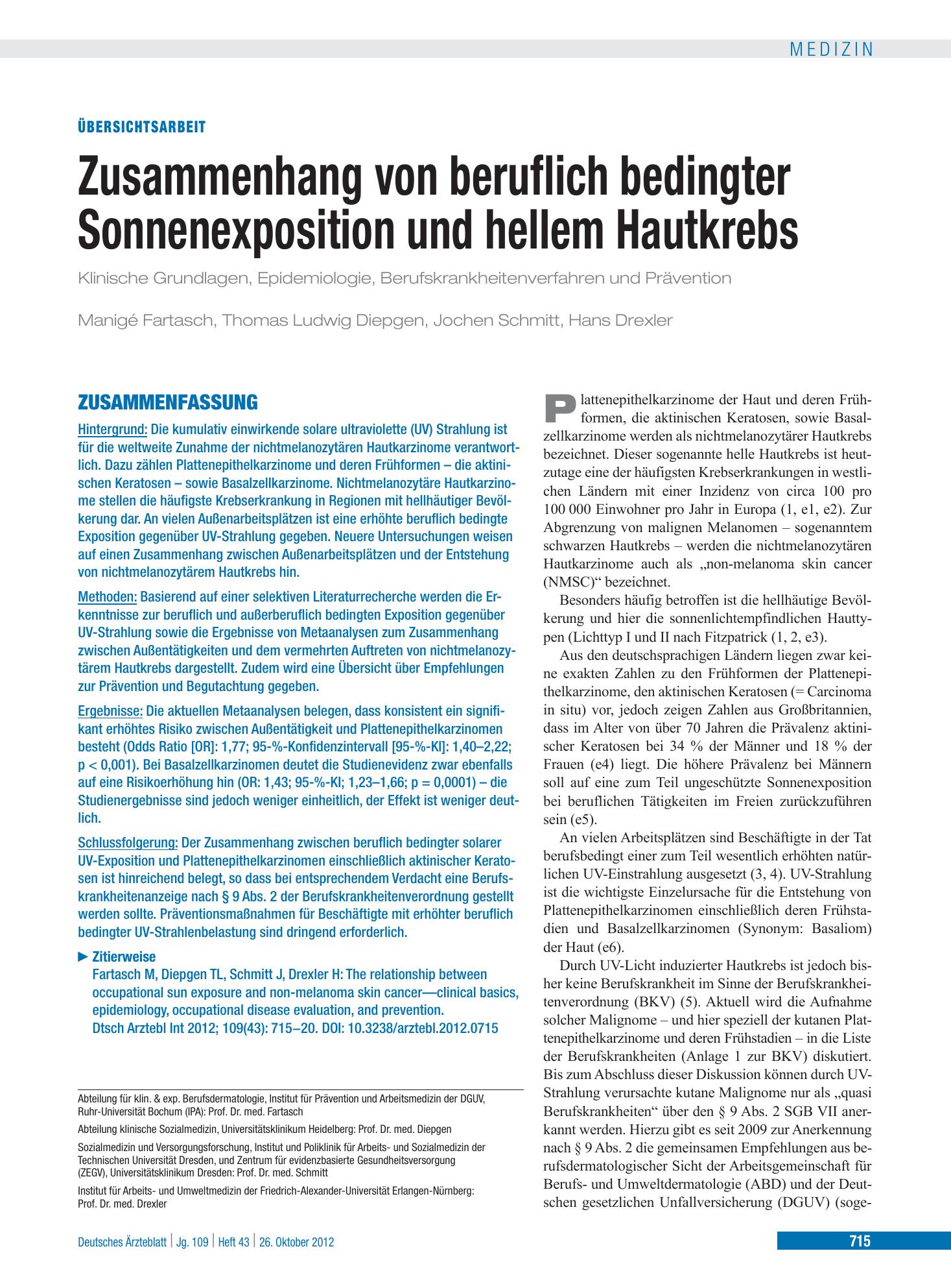 Vorschauseite 1: Zusammenhang von beruflich bedingter Sonnenexposition und hellem Hautkrebs – Deutsches Ärzteblatt