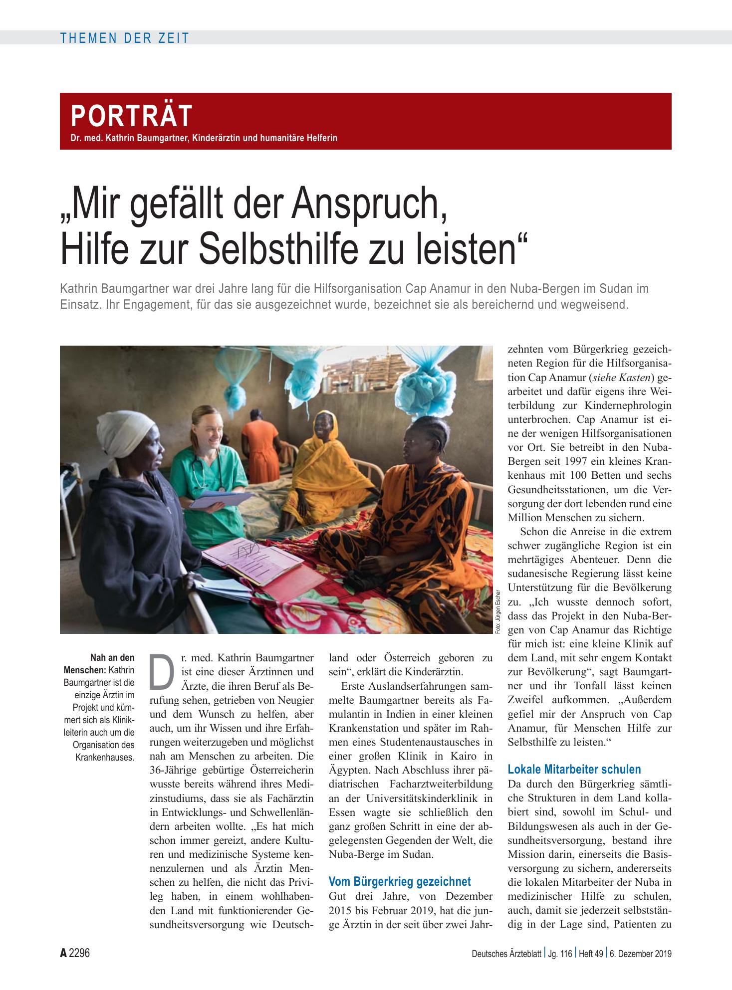 Vorschauseite 1: Porträt mit Dr. med. Kathrin Baumgartner, Kinderärztin und humanitäre Helferin: „Mir gefällt der Anspruch, Hilfe zur Selbsthilfe zu leisten“ – Deutsches Ärzteblatt