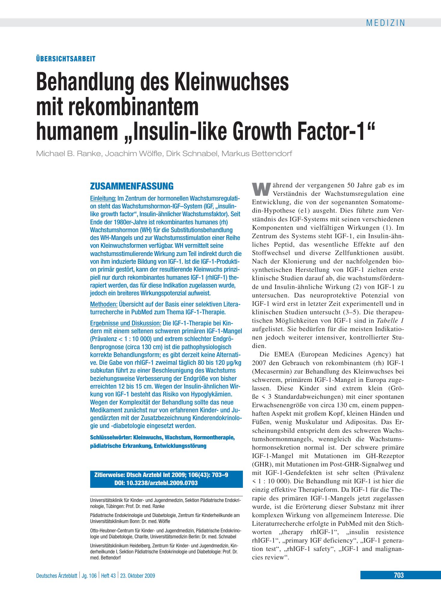 Vorschauseite 1: Behandlung des Kleinwuchses mit rekombinantem humanem „Insulin-like Growth Factor-1“ – Deutsches Ärzteblatt