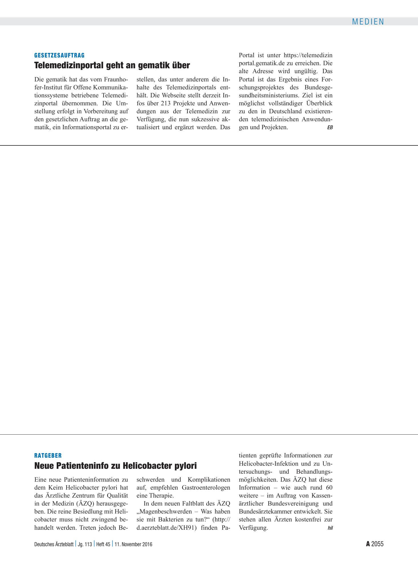 Vorschauseite 1: Ratgeber: Neue Patienteninfo zu Helicobacter pylori – Deutsches Ärzteblatt