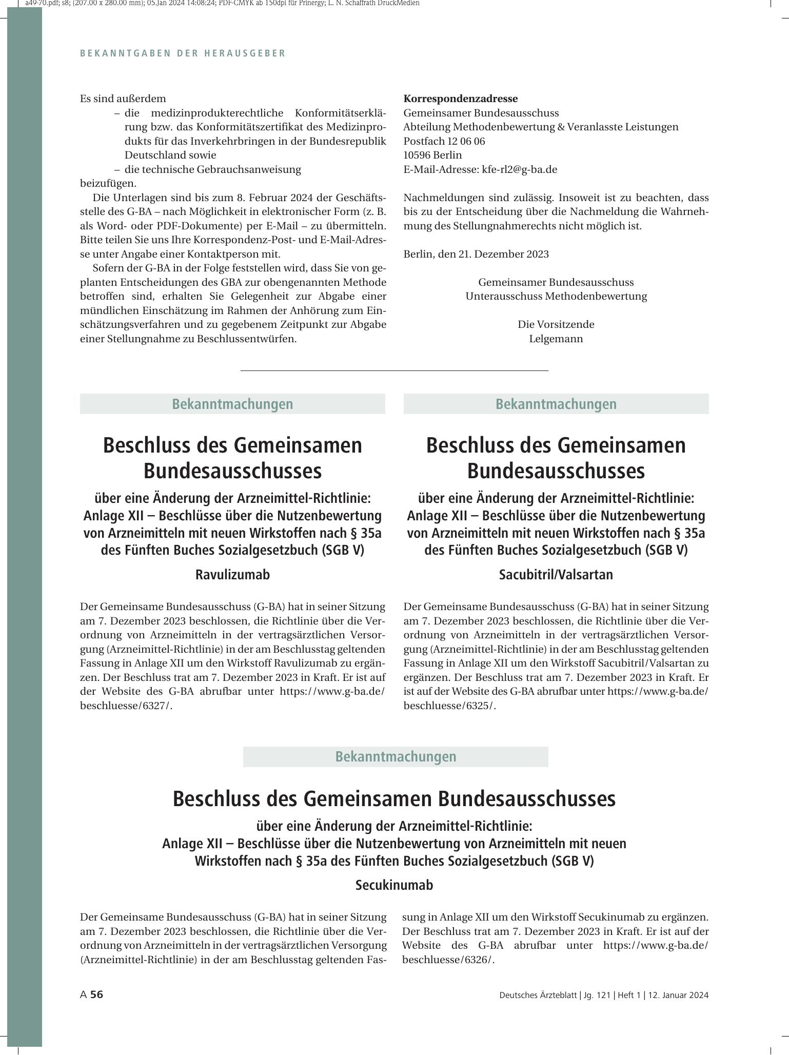 Vorschauseite 1: Beschluss des Gemeinsamen Bundesausschusses über eine Änderung der Arzneimittel-Richtlinie: Ravulizumab – Deutsches Ärzteblatt