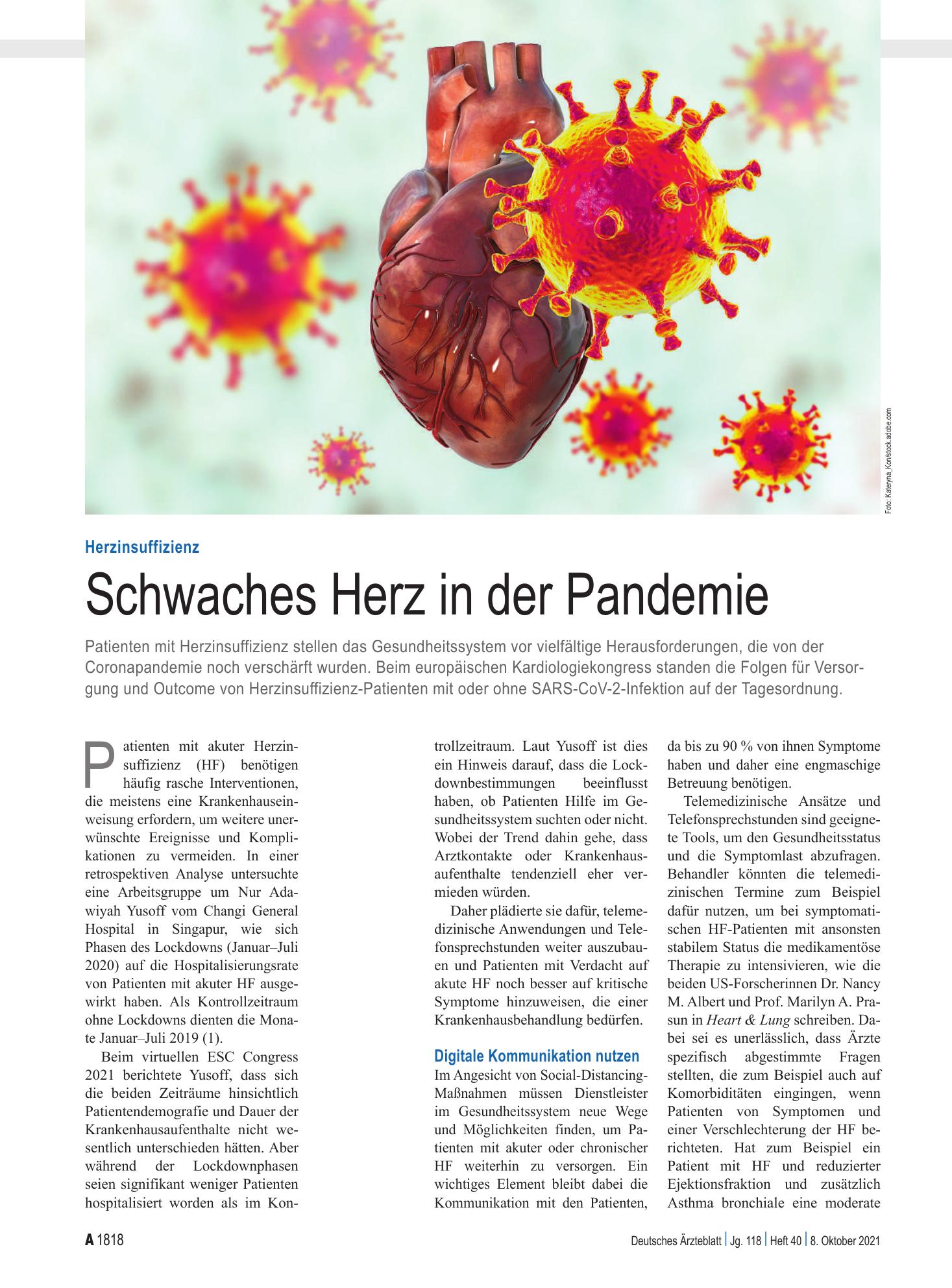 Vorschauseite 1: Herzinsuffizienz: Schwaches Herz in der Pandemie – Deutsches Ärzteblatt