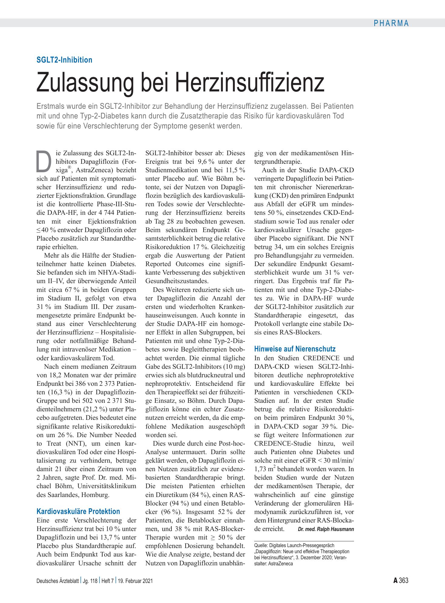 Vorschauseite 1: SGLT2-Inhibition: Zulassung bei Herzinsuffizienz – Deutsches Ärzteblatt