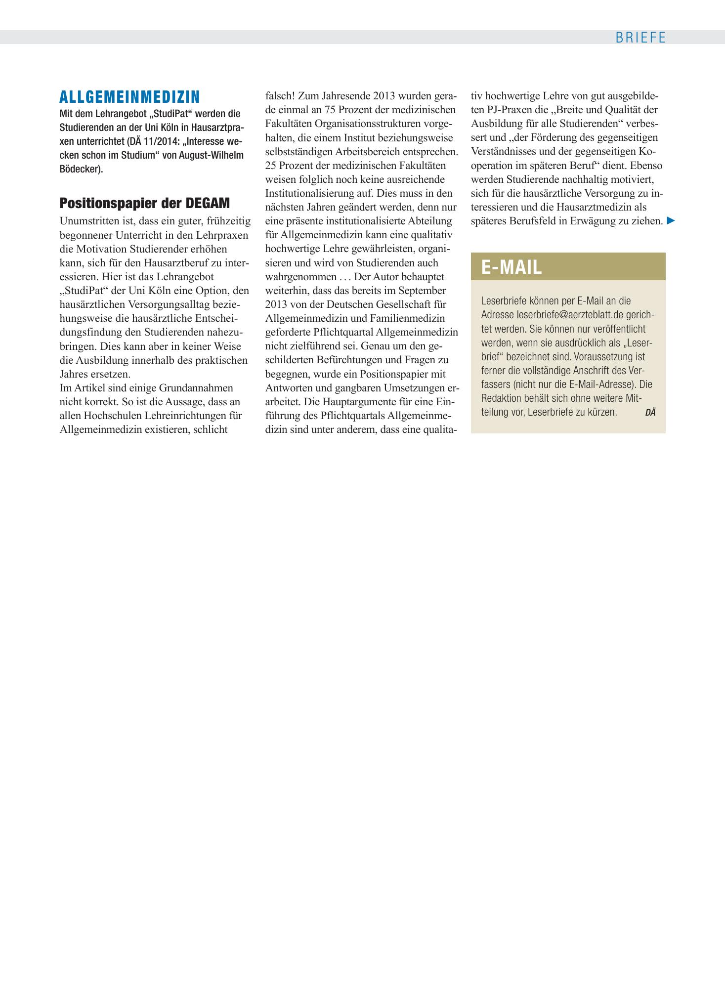 Vorschauseite 1: Allgemeinmedizin: Positionspapier der DEGAM – Deutsches Ärzteblatt