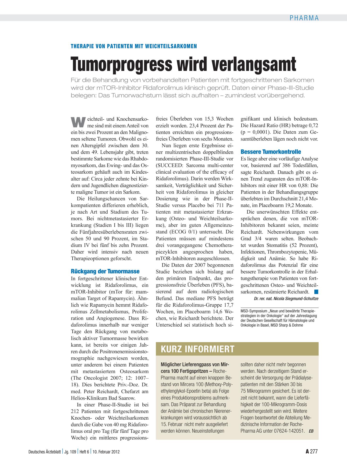 Vorschauseite 1: Therapie von Patienten mit Weichteilsarkomen: Tumorprogress wird verlangsamt – Deutsches Ärzteblatt
