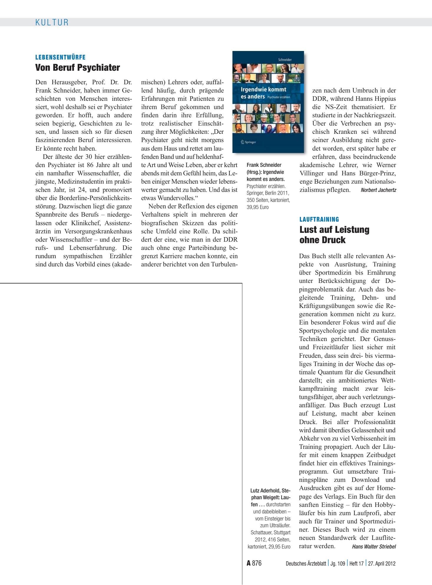 Vorschauseite 1: Lebensentwürfe: Von Beruf Psychiater – Deutsches Ärzteblatt