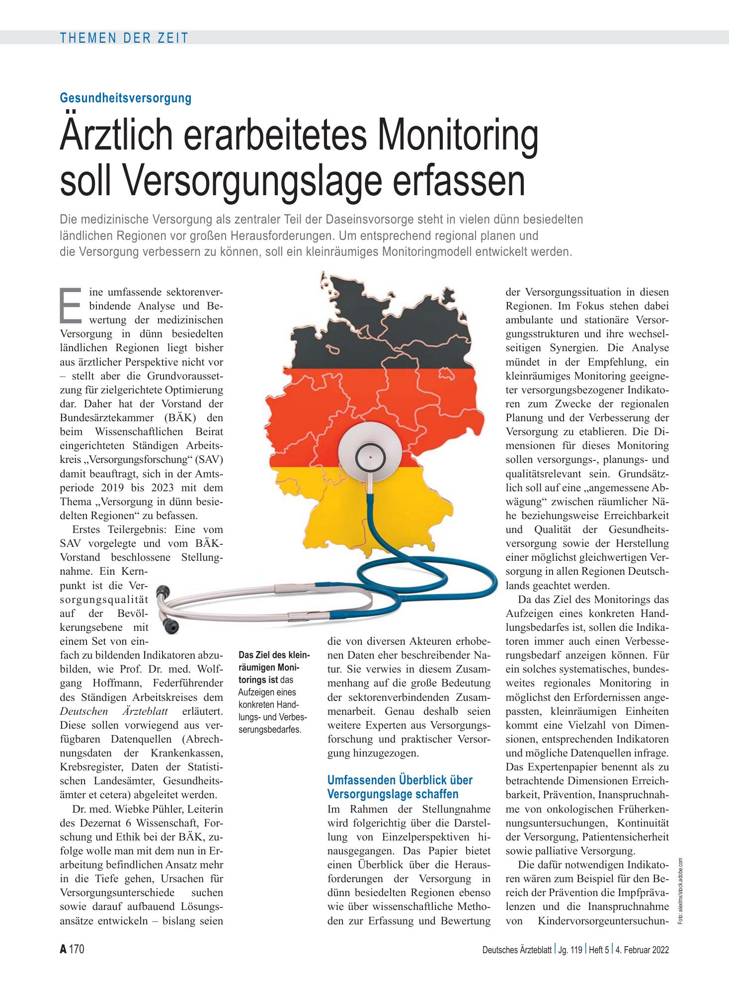 Vorschauseite 1: Gesundheitsversorgung: Ärztlich erarbeitetes Monitoring soll Versorgungslage erfassen – Deutsches Ärzteblatt