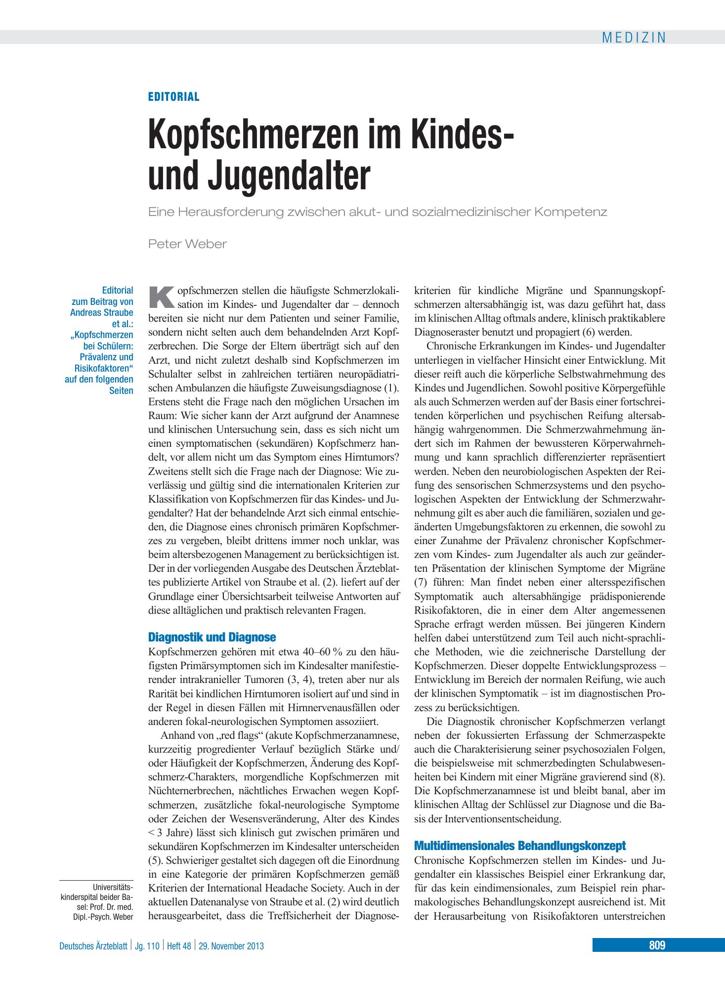 Vorschauseite 1: Kopfschmerzen bei Schülern – Deutsches Ärzteblatt