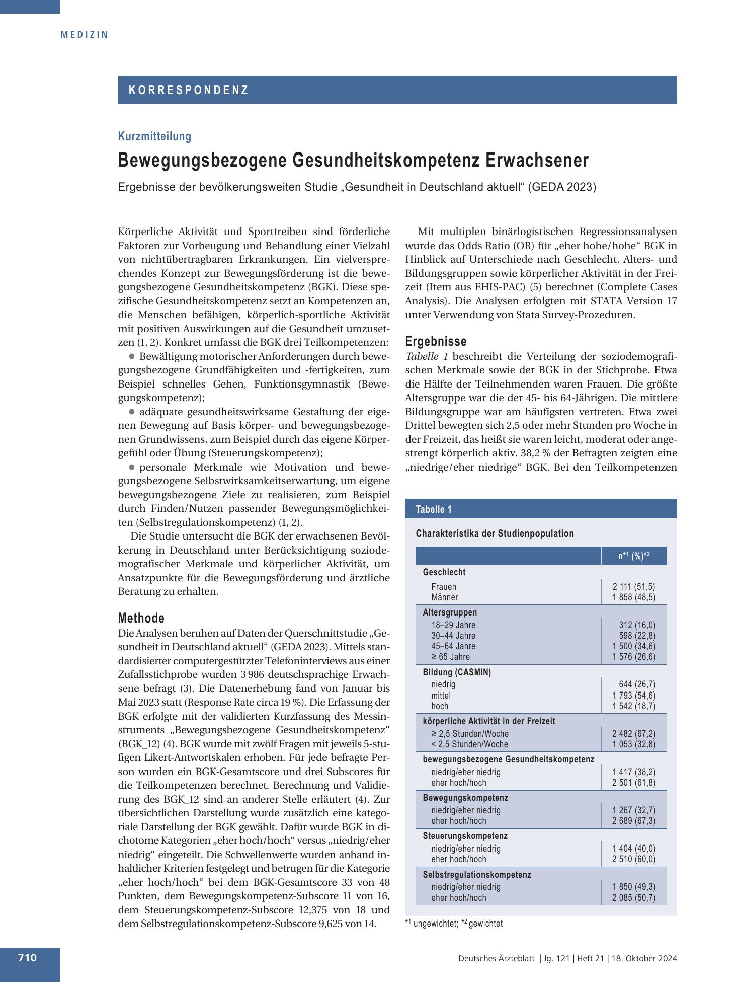 Vorschauseite 1: Bewegungsbezogene Gesundheitskompetenz Erwachsener – Deutsches Ärzteblatt