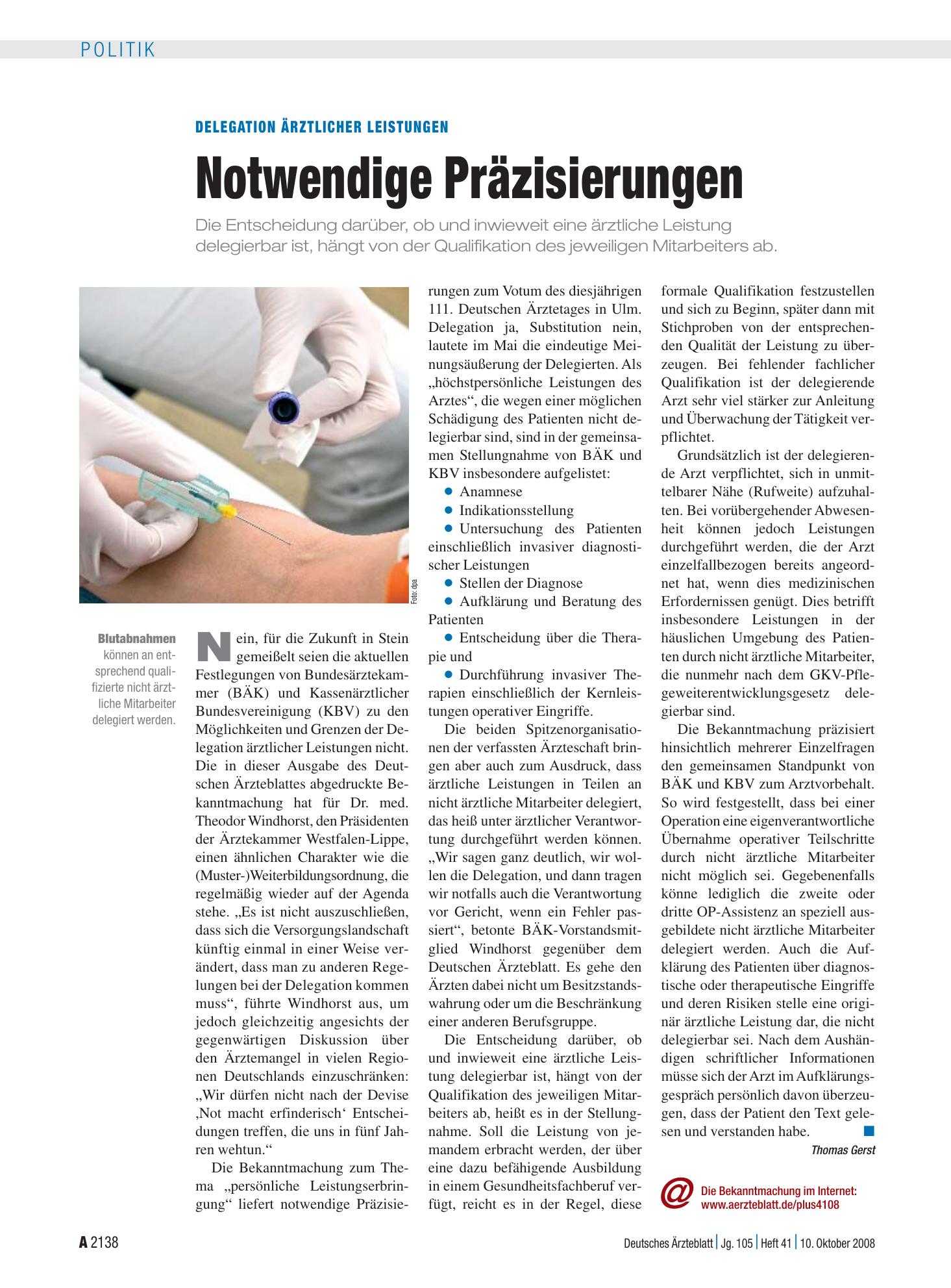 Vorschauseite 1: Delegation ärztlicher Leistungen: Notwendige Präzisierungen – Deutsches Ärzteblatt