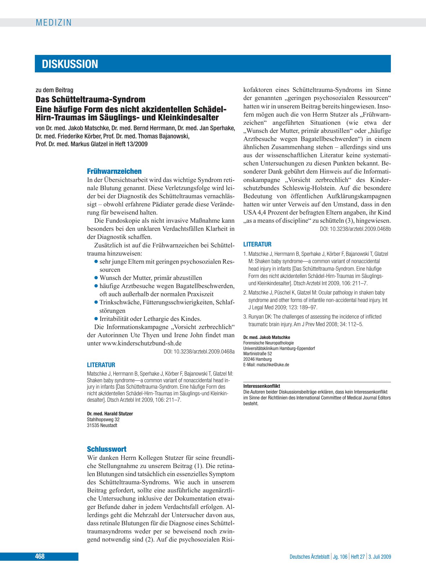 Vorschauseite 1: Das Schütteltrauma-Syndrom – Eine häufige Form des nicht akzidentellen Schädel-Hirn-Traumas im Säuglings- und Kleinkindesalter: Frühwarnzeichen – Deutsches Ärzteblatt