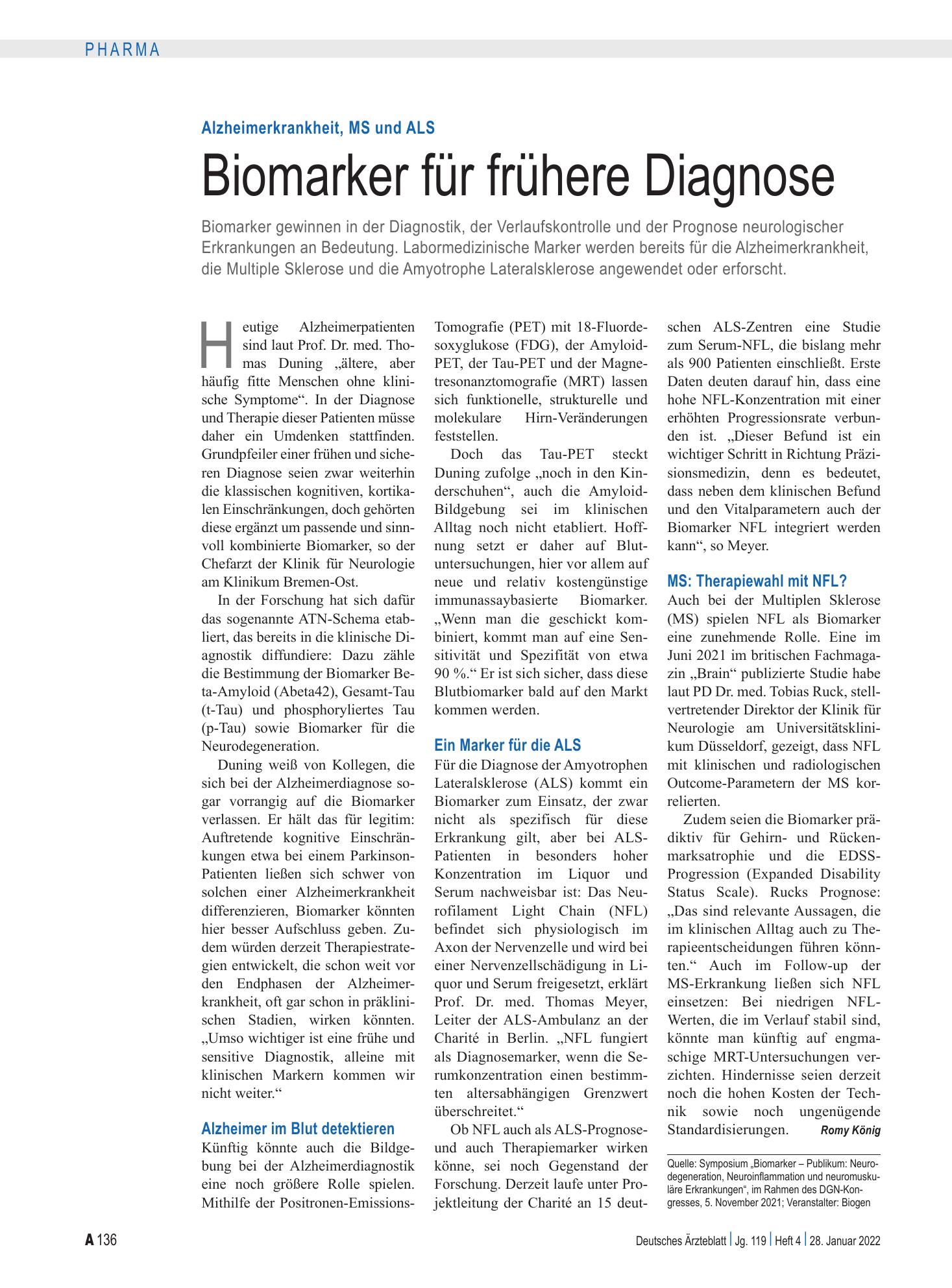 Vorschauseite 1: Alzheimerkrankheit, MS und ALS: Biomarker für frühere Diagnose – Deutsches Ärzteblatt