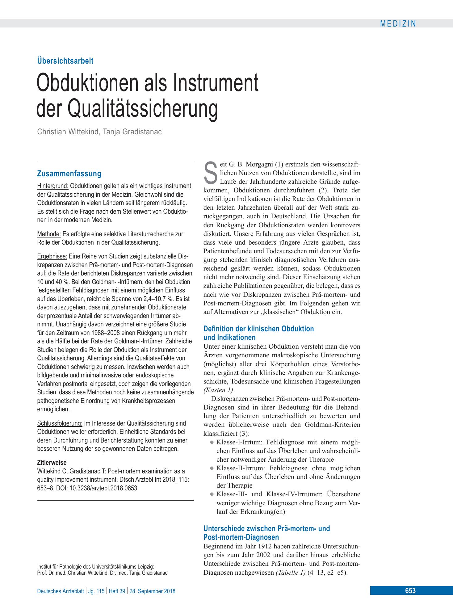 Vorschauseite 1: Obduktionen als Instrument der Qualitätssicherung – Deutsches Ärzteblatt