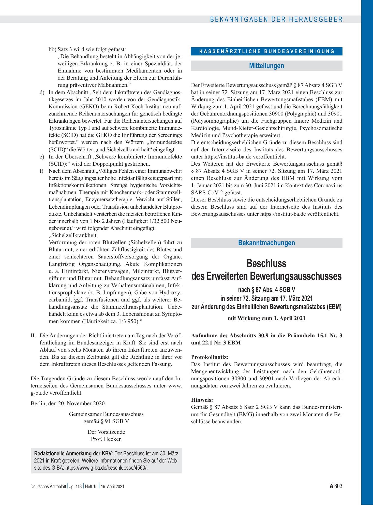 Vorschauseite 1: Beschluss des Erweiterten Bewertungsausschusses nach § 87 Abs. 4 SGB V in seiner 72. Sitzung am 17. März 2021 zur Änderung des Einheitlichen Bewertungsmaßstabes (EBM) – Deutsches…