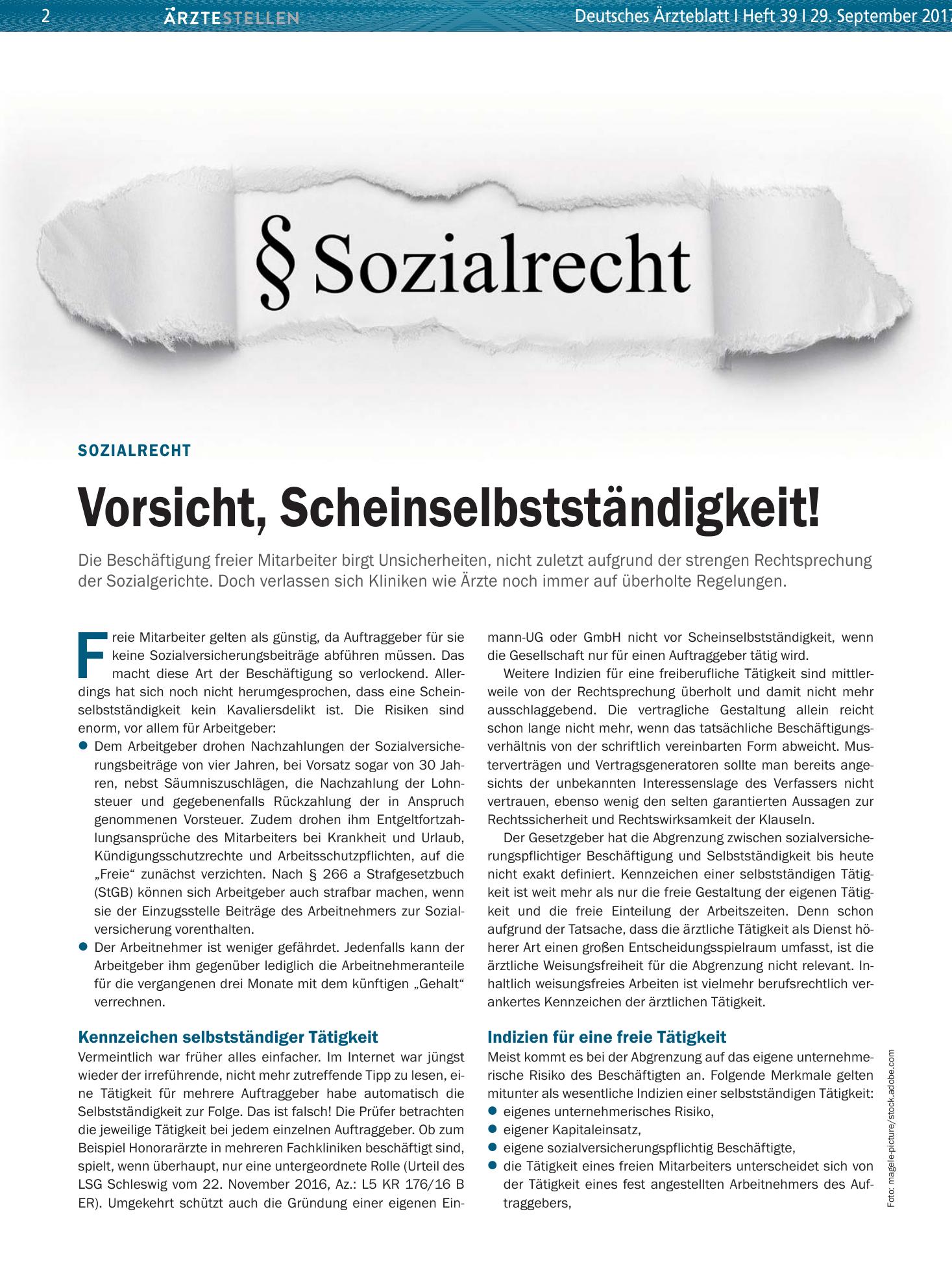 Vorschauseite 1: Sozialrecht: Vorsicht, Scheinselbstständigkeit! – Deutsches Ärzteblatt