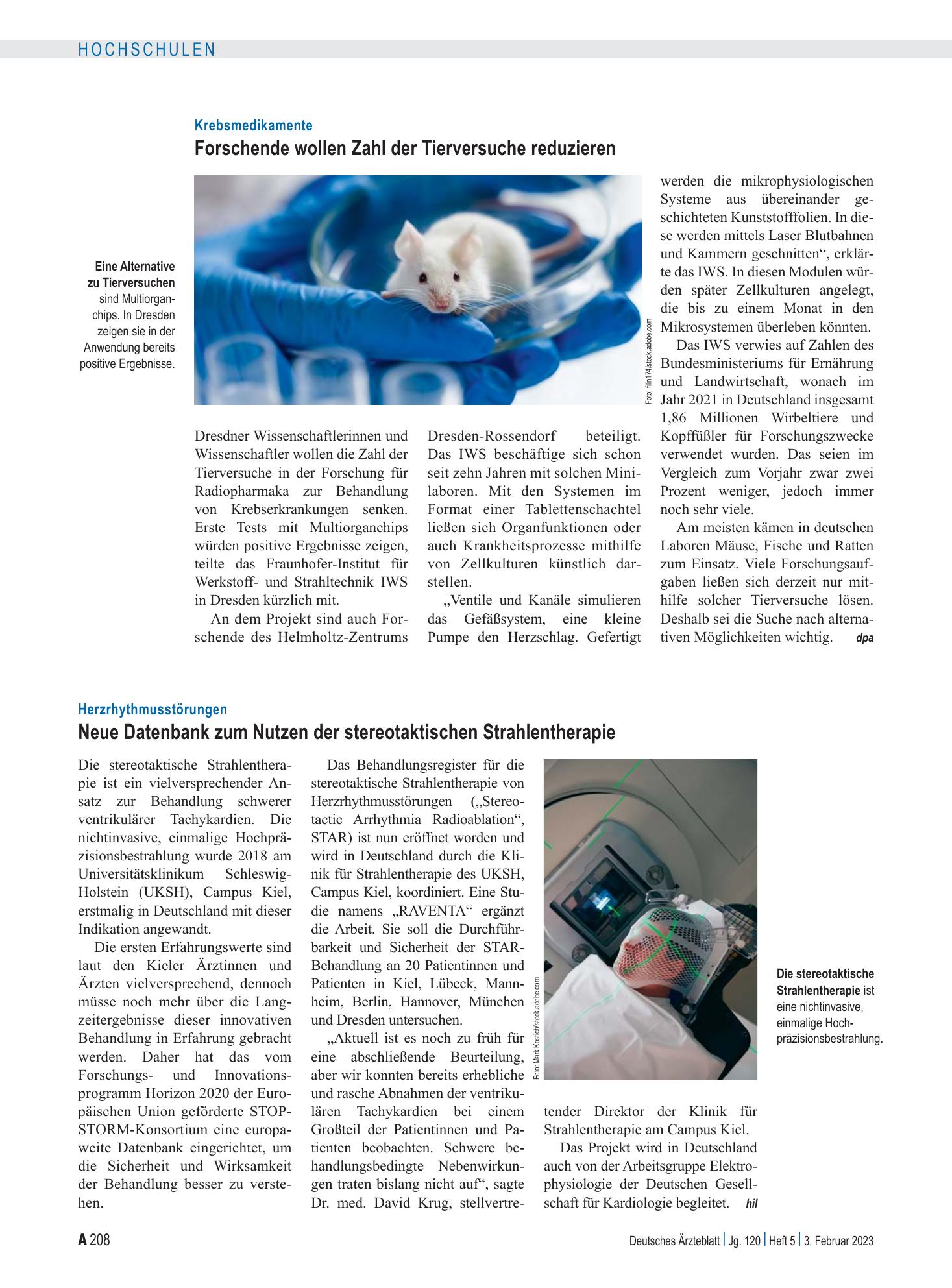 Vorschauseite 1: Krebsmedikamente: Forschende wollen Zahl der Tierversuche reduzieren – Deutsches Ärzteblatt