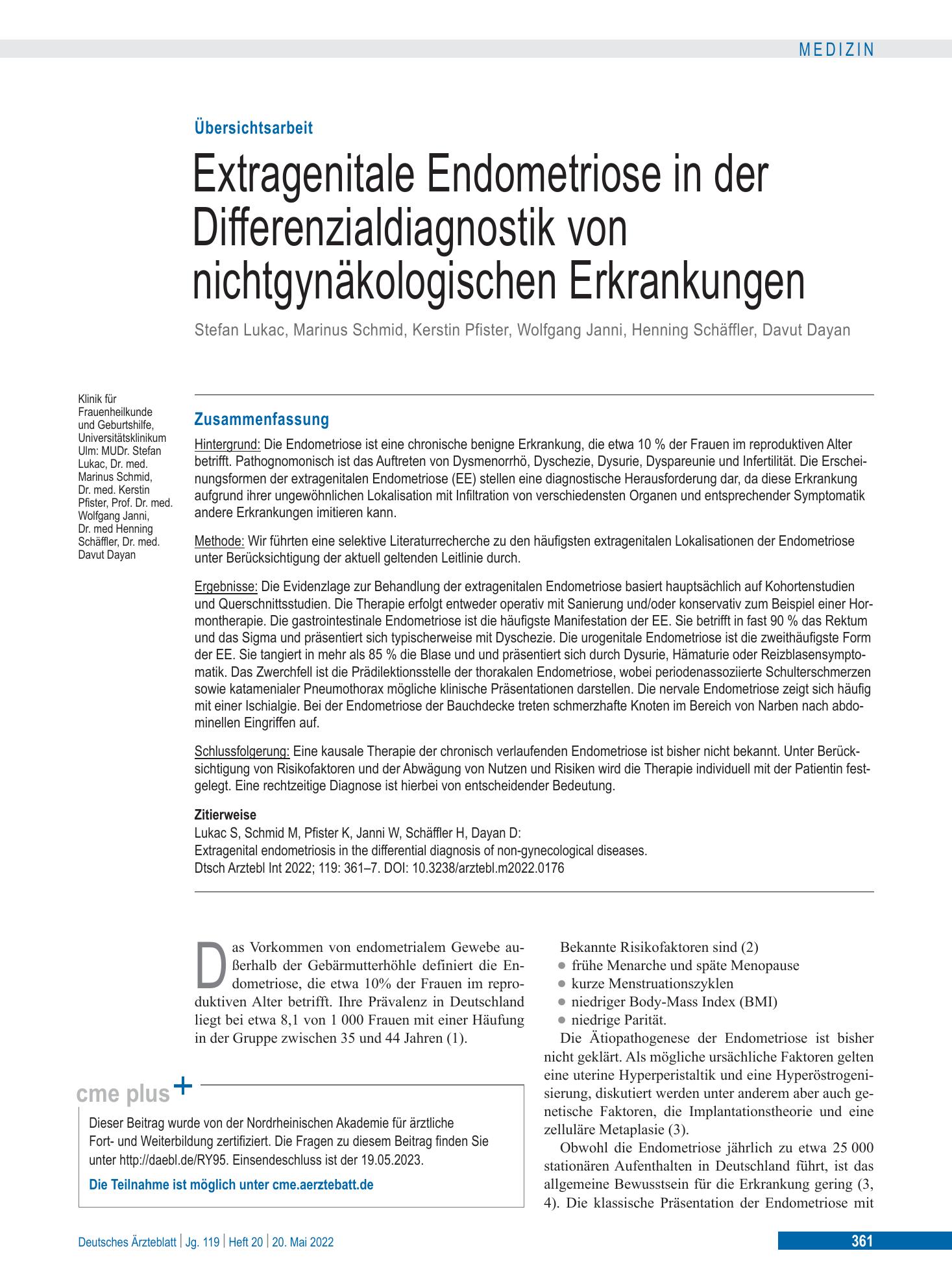 Vorschauseite 1: Extragenitale Endometriose in der Differenzialdiagnostik von nichtgynäkologischen Erkrankungen – Deutsches Ärzteblatt