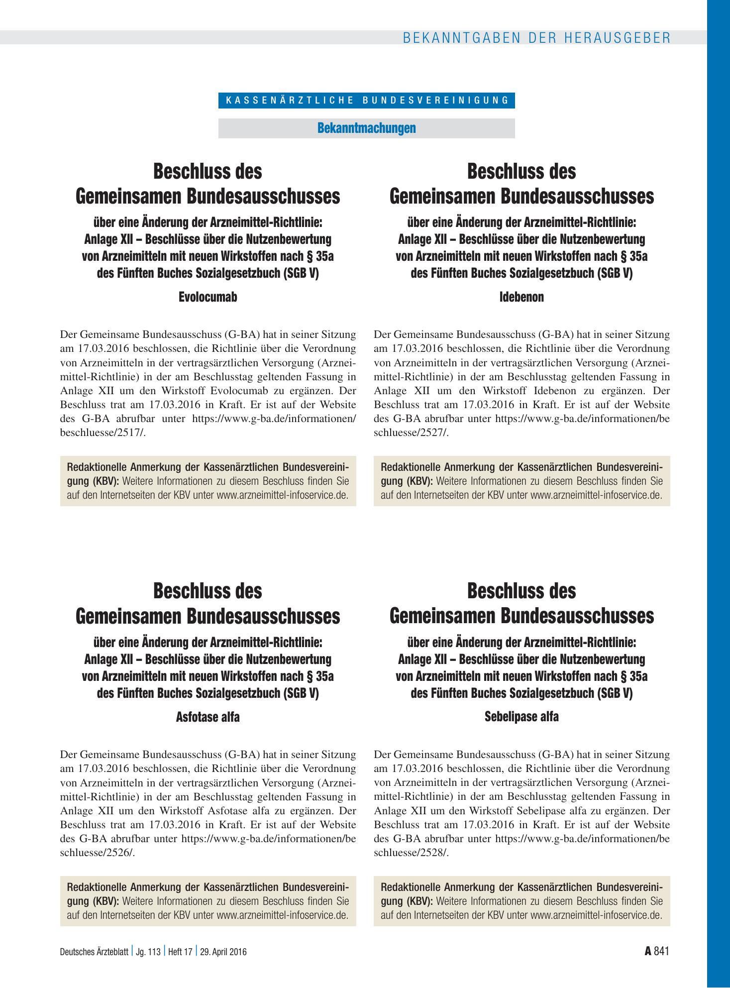 Vorschauseite 1: Beschluss des Gemeinsamen Bundesausschusses über eine Änderung der Arzneimittel-Richtlinie: Anlage XII – Beschlüsse über die Nutzenbewertung von Arzneimitteln mit neuen Wirkstoffe…