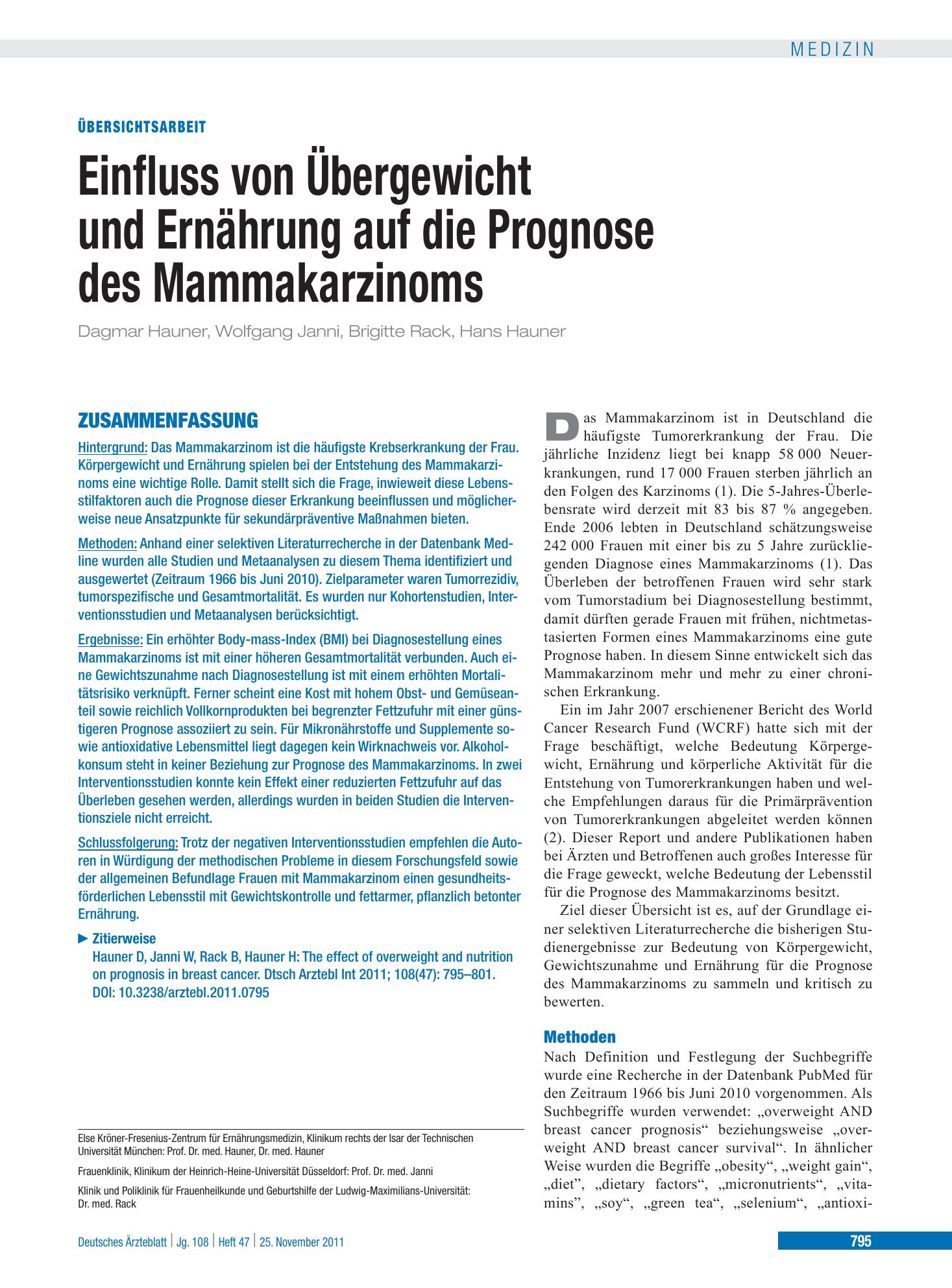 Vorschauseite 1: Einfluss von Übergewicht und Ernährung auf die Prognose des Mammakarzinoms – Deutsches Ärzteblatt