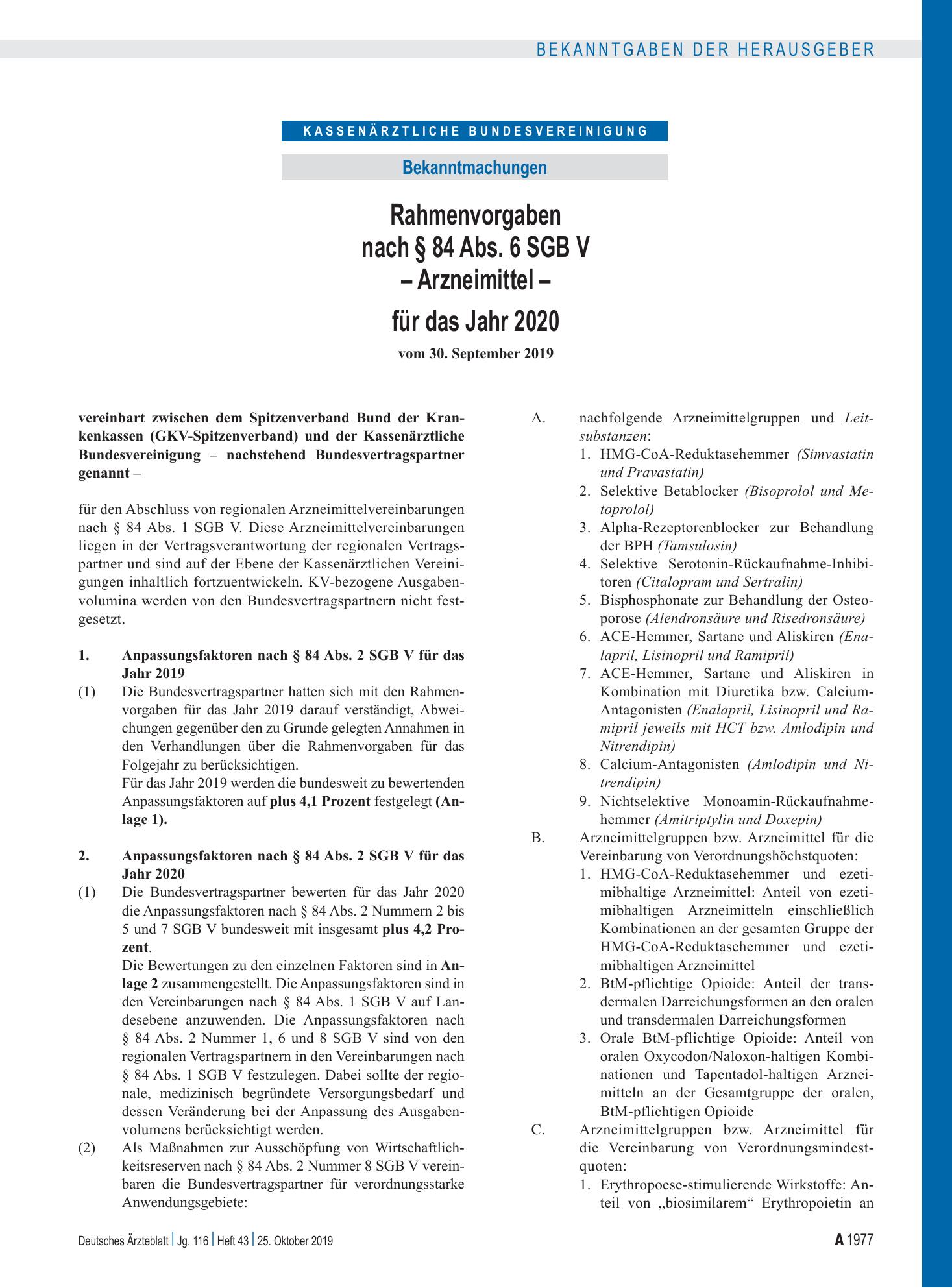 Vorschauseite 1: Rahmenvorgaben nach § 84 Abs. 6 SGB V – Arzneimittel – für das Jahr 2020 – Deutsches Ärzteblatt