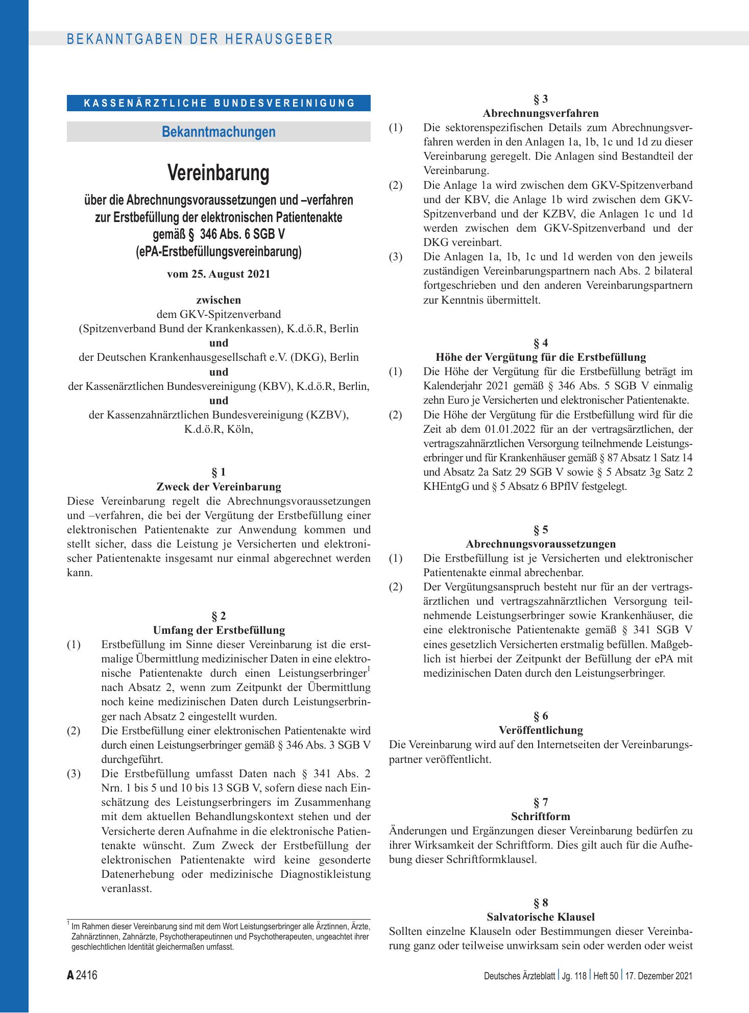 Vorschauseite 1: Vereinbarung über die Abrechnungsvoraussetzungen und –verfahren zur Erstbefüllung der elektronischen Patientenakte gemäß § 346 Abs. 6 SGB V (ePA-Erstbefüllungsvereinbarung) – Deut…