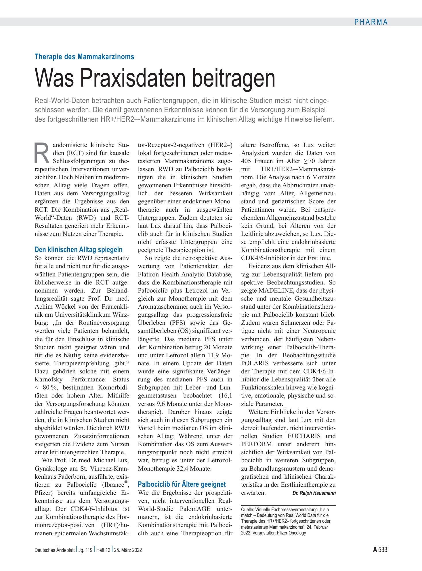 Vorschauseite 1: Therapie des Mammakarzinoms: Was Praxisdaten beitragen – Deutsches Ärzteblatt