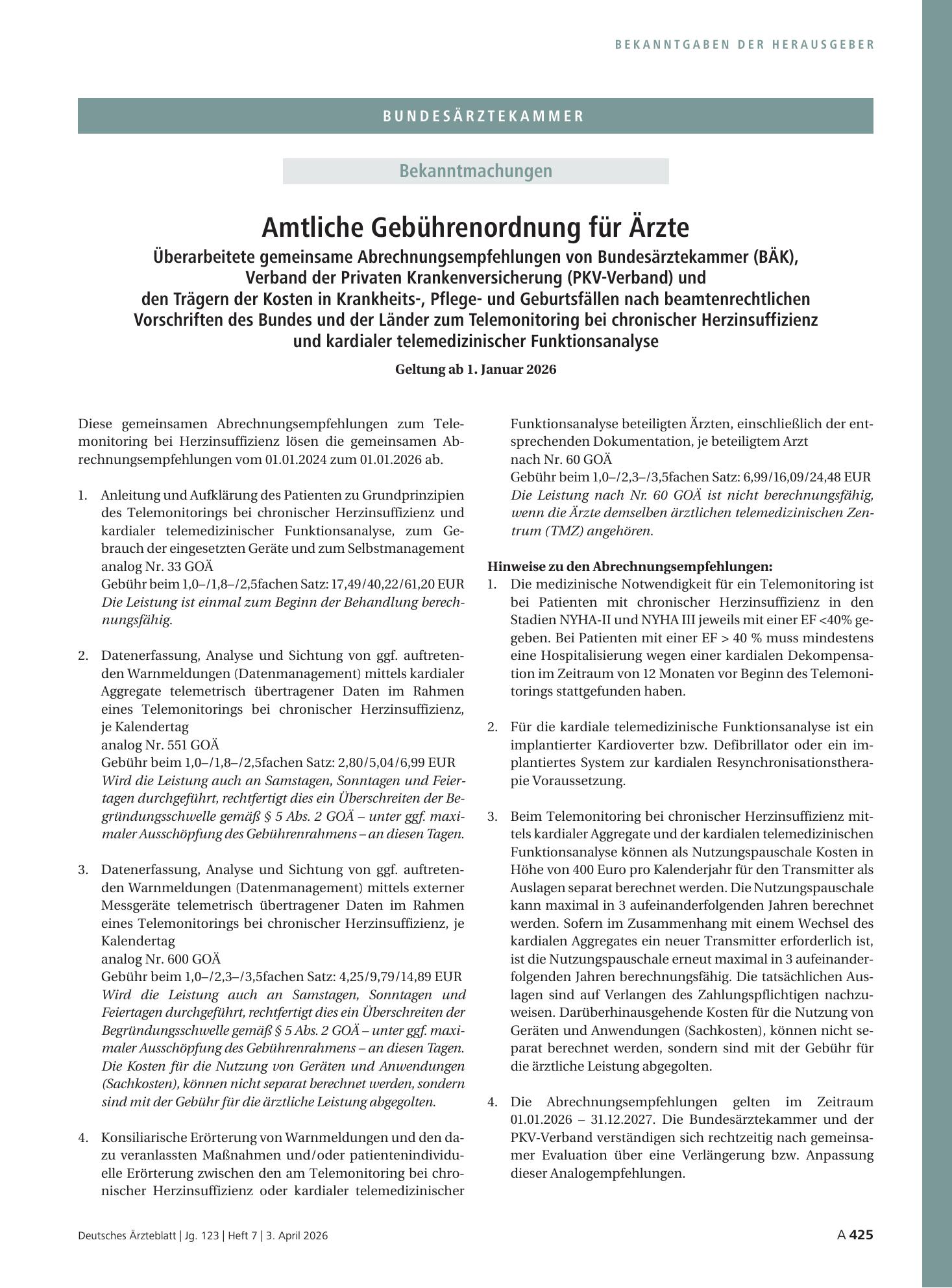 Vorschauseite 1: Amtliche Gebührenordnung für Ärzte – Deutsches Ärzteblatt